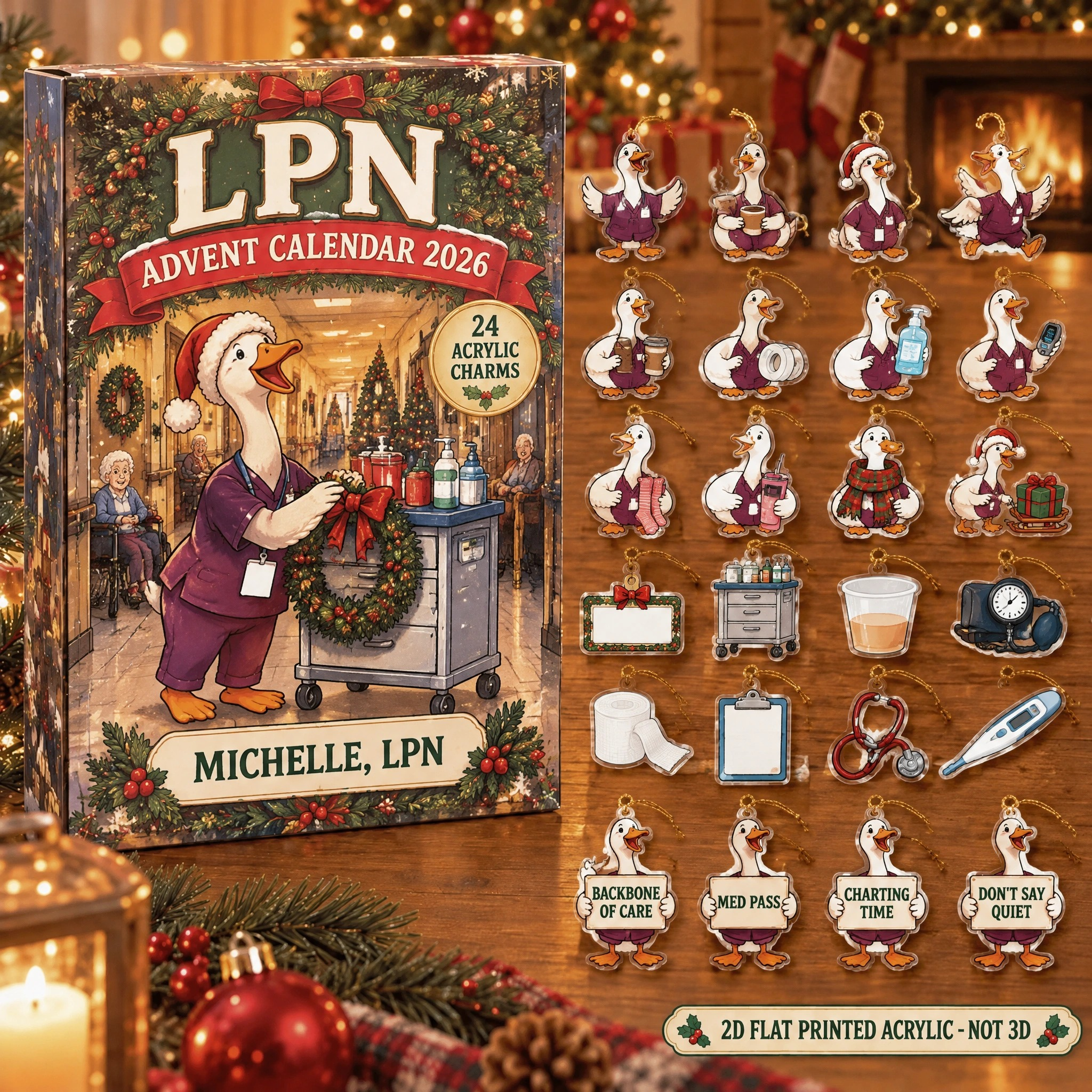 Personalized LPN Silly Goose advent calendar box with 24 flat acrylic Christmas charms