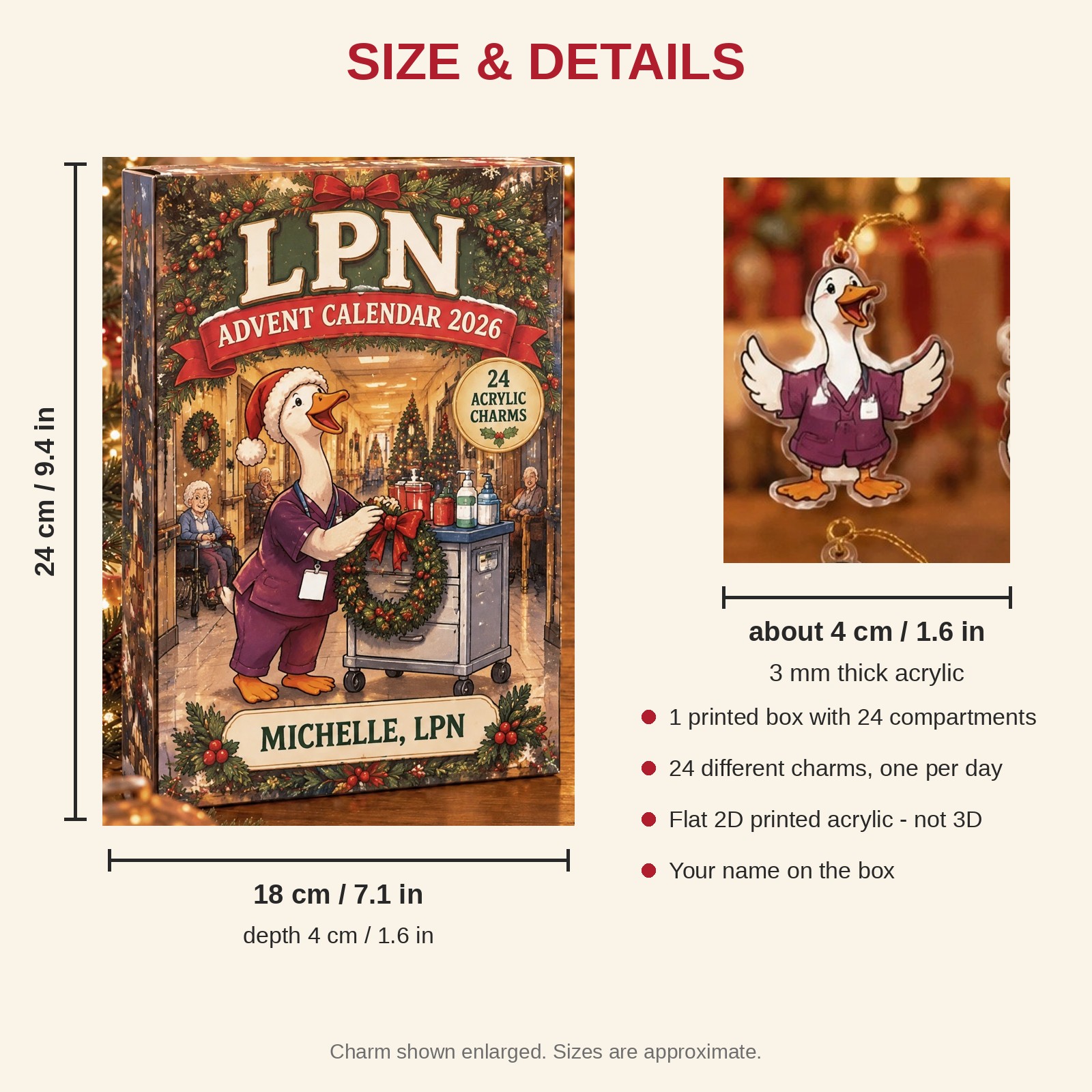 Personalized LPN Silly Goose advent calendar box with 24 flat acrylic Christmas charms: box and charm sizes