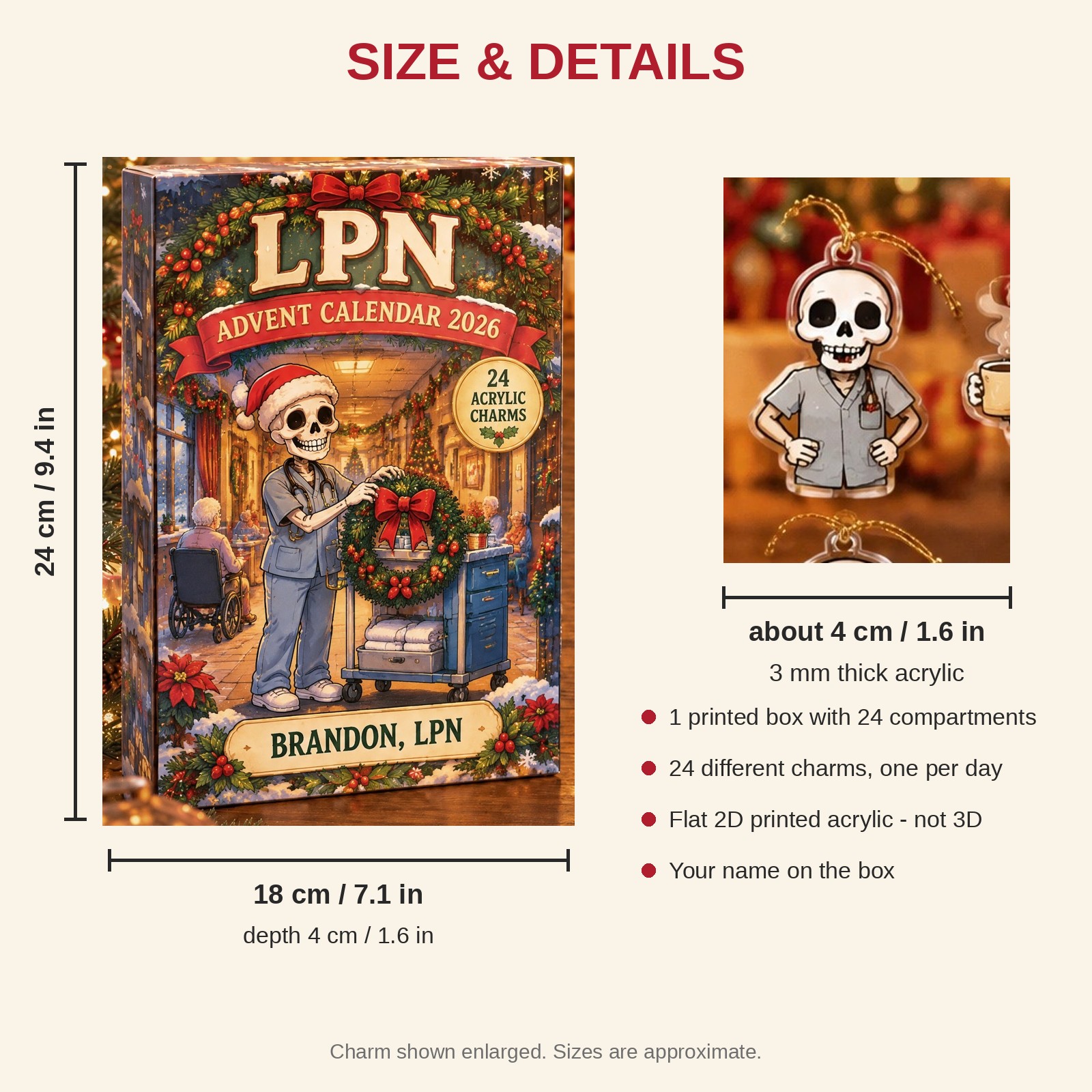 Personalized LPN Skeleton advent calendar box with 24 flat acrylic Christmas charms: box and charm sizes