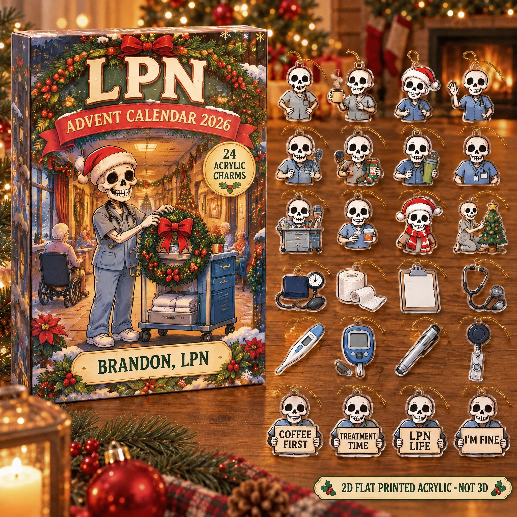 Personalized LPN Skeleton advent calendar box with 24 flat acrylic Christmas charms