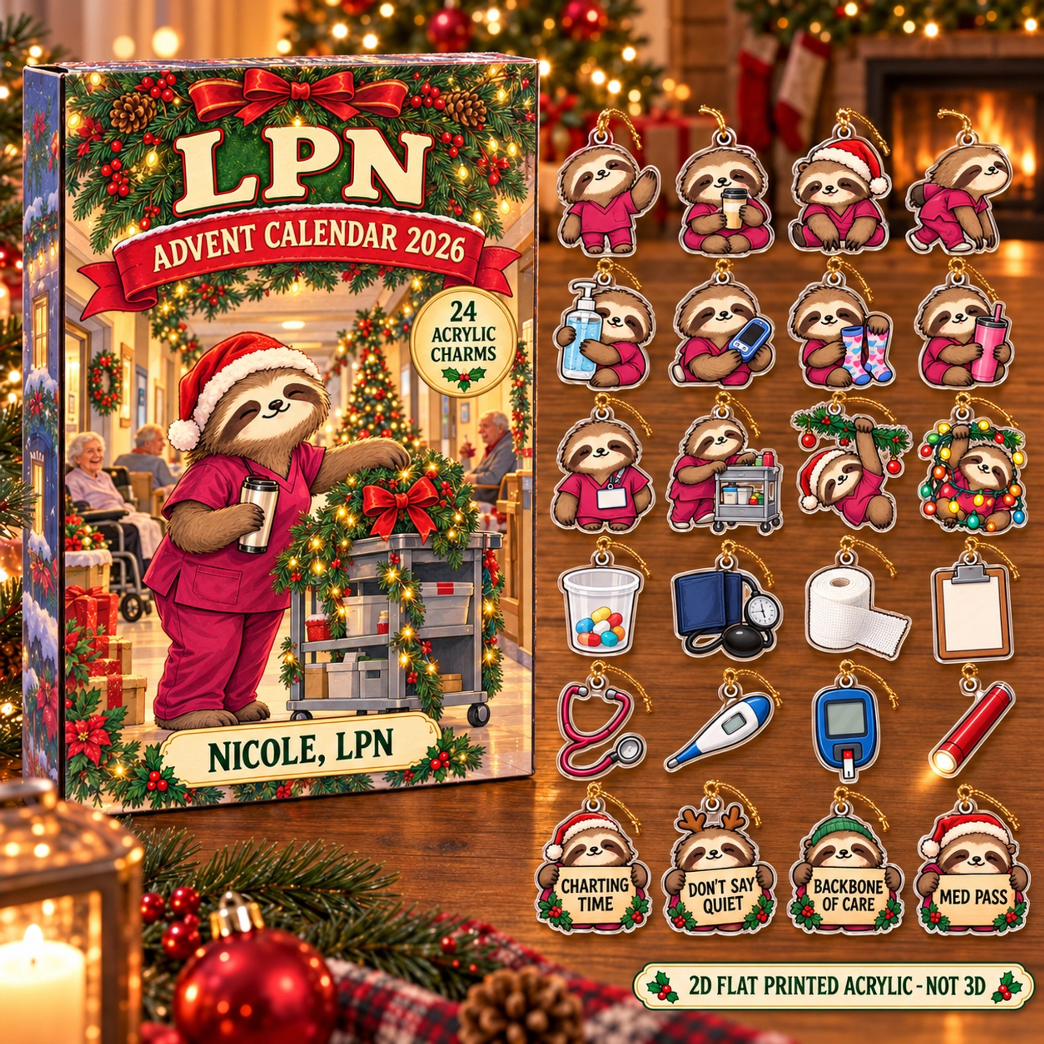 Personalized LPN Sloth advent calendar box with 24 flat acrylic Christmas charms