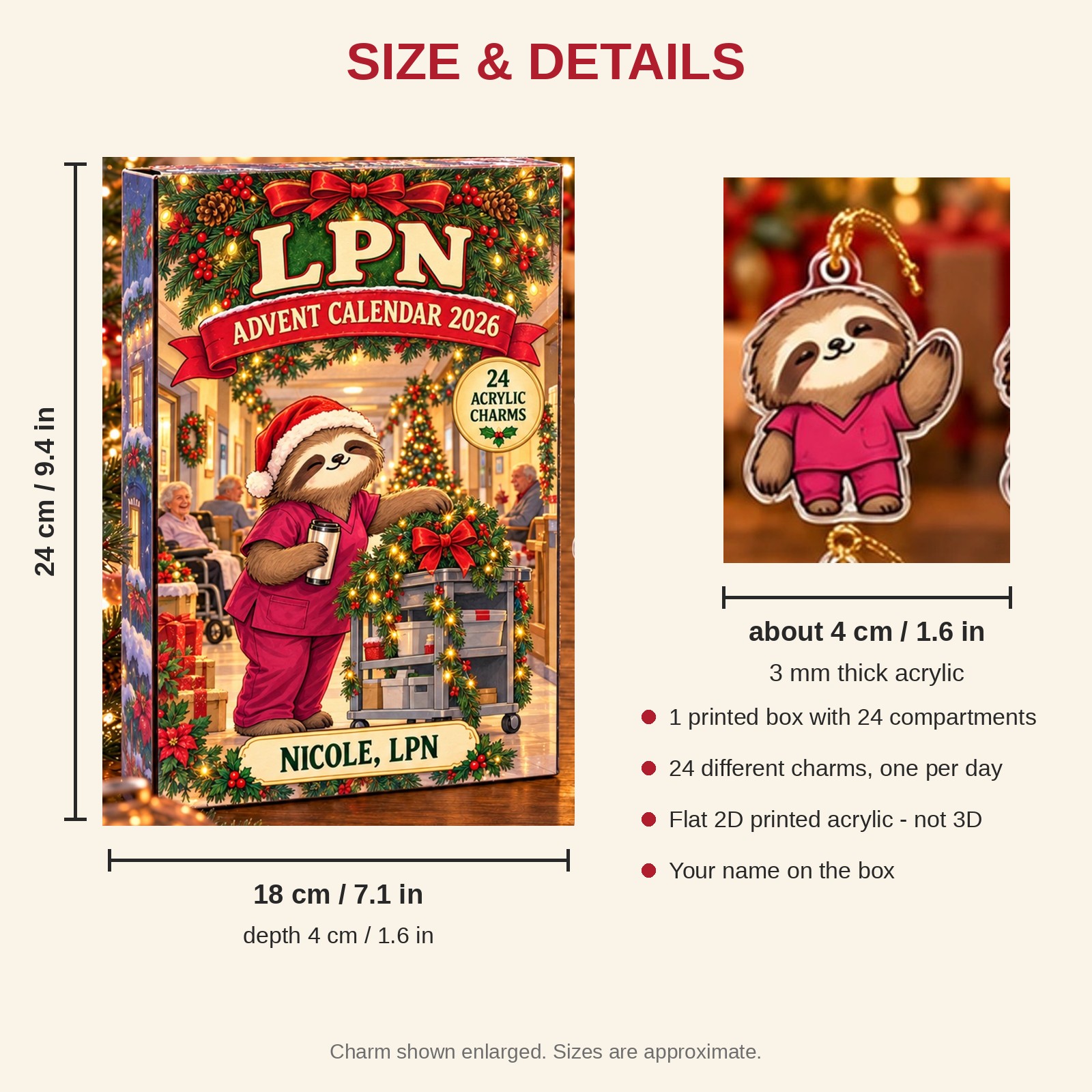 Personalized LPN Sloth advent calendar box with 24 flat acrylic Christmas charms: box and charm sizes