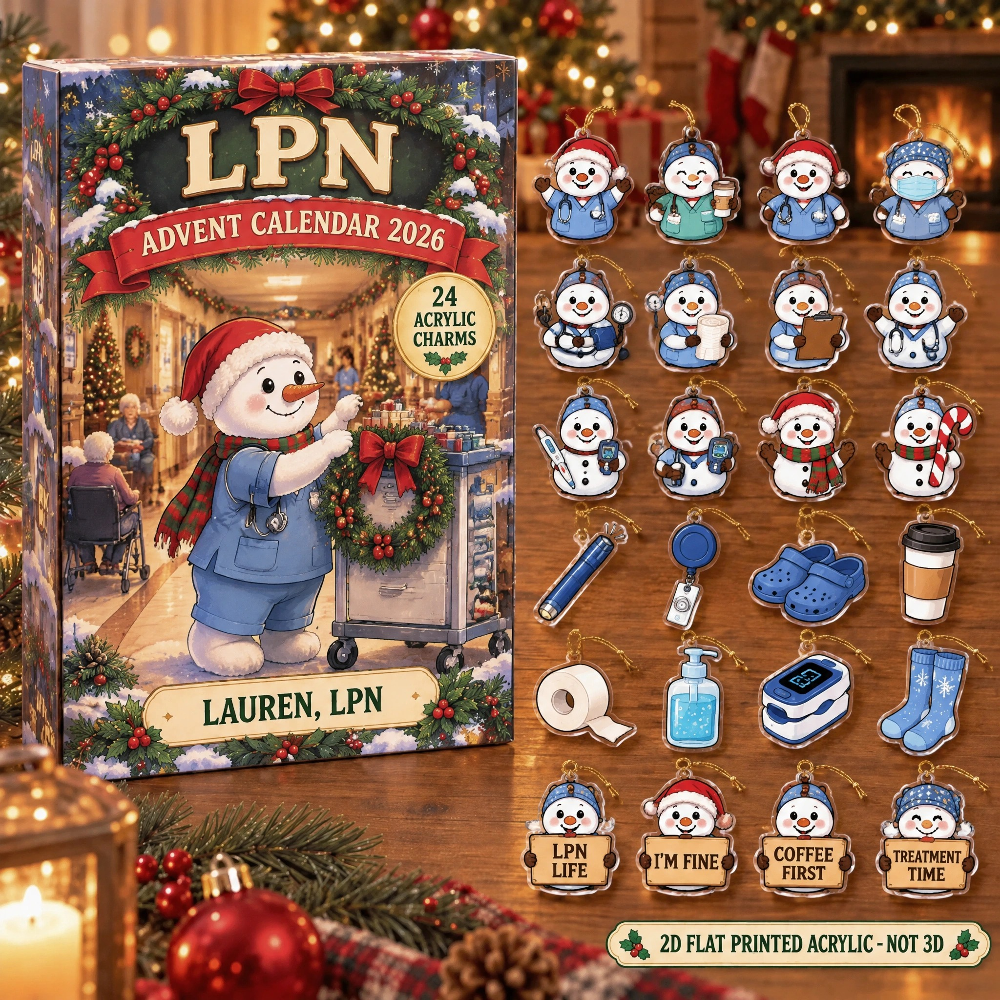 Personalized LPN Snowman advent calendar box with 24 flat acrylic Christmas charms