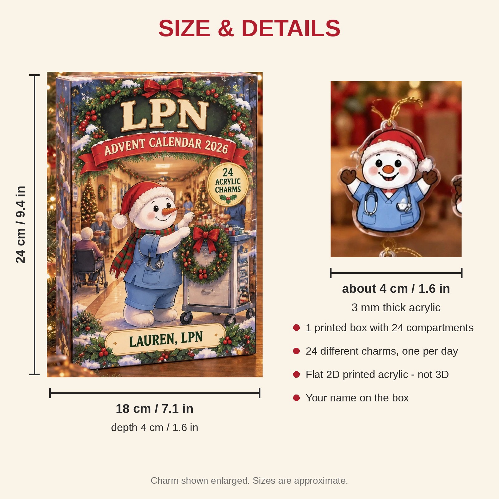 Personalized LPN Snowman advent calendar box with 24 flat acrylic Christmas charms: box and charm sizes