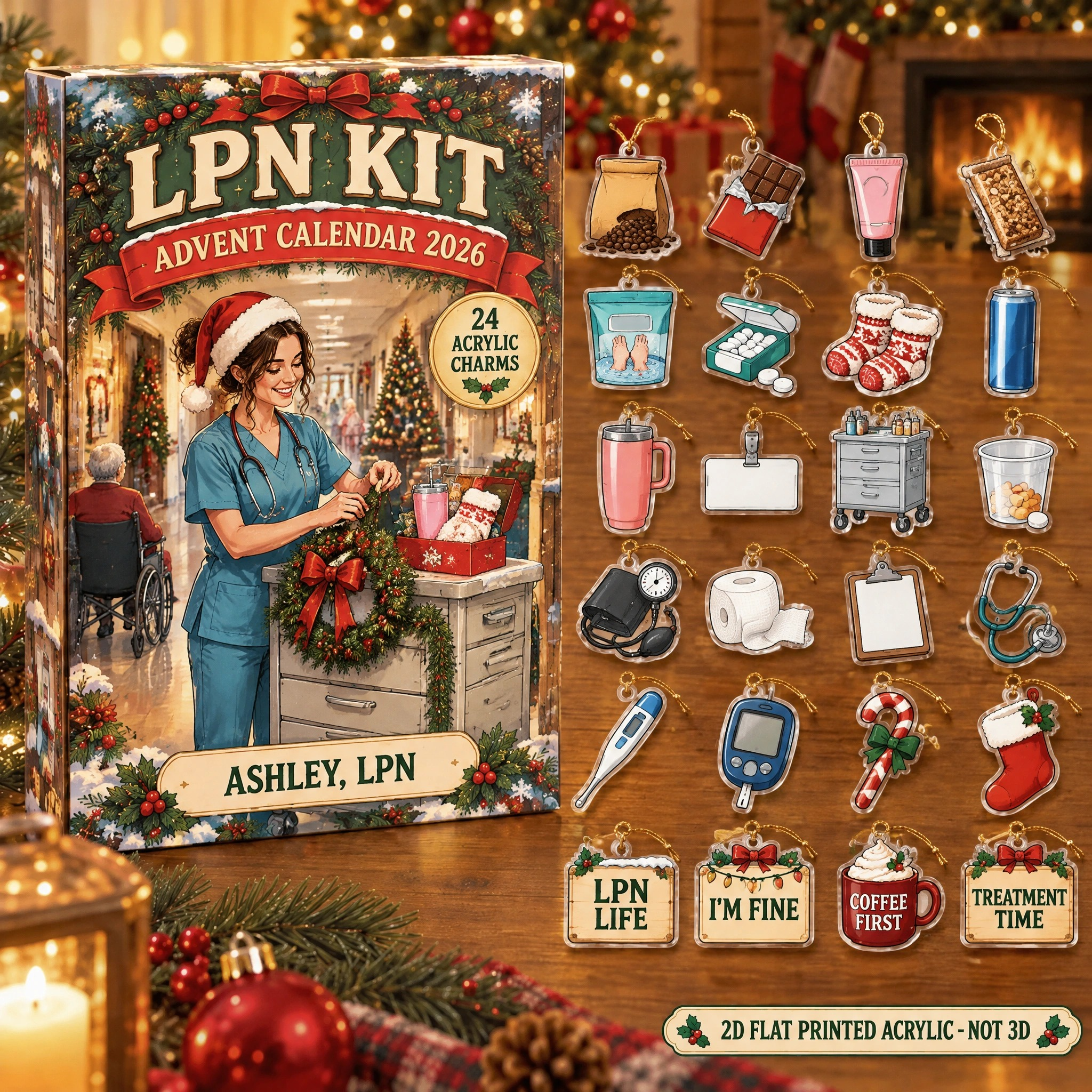 Personalized LPN Survival Kit advent calendar box with 24 flat acrylic Christmas charms