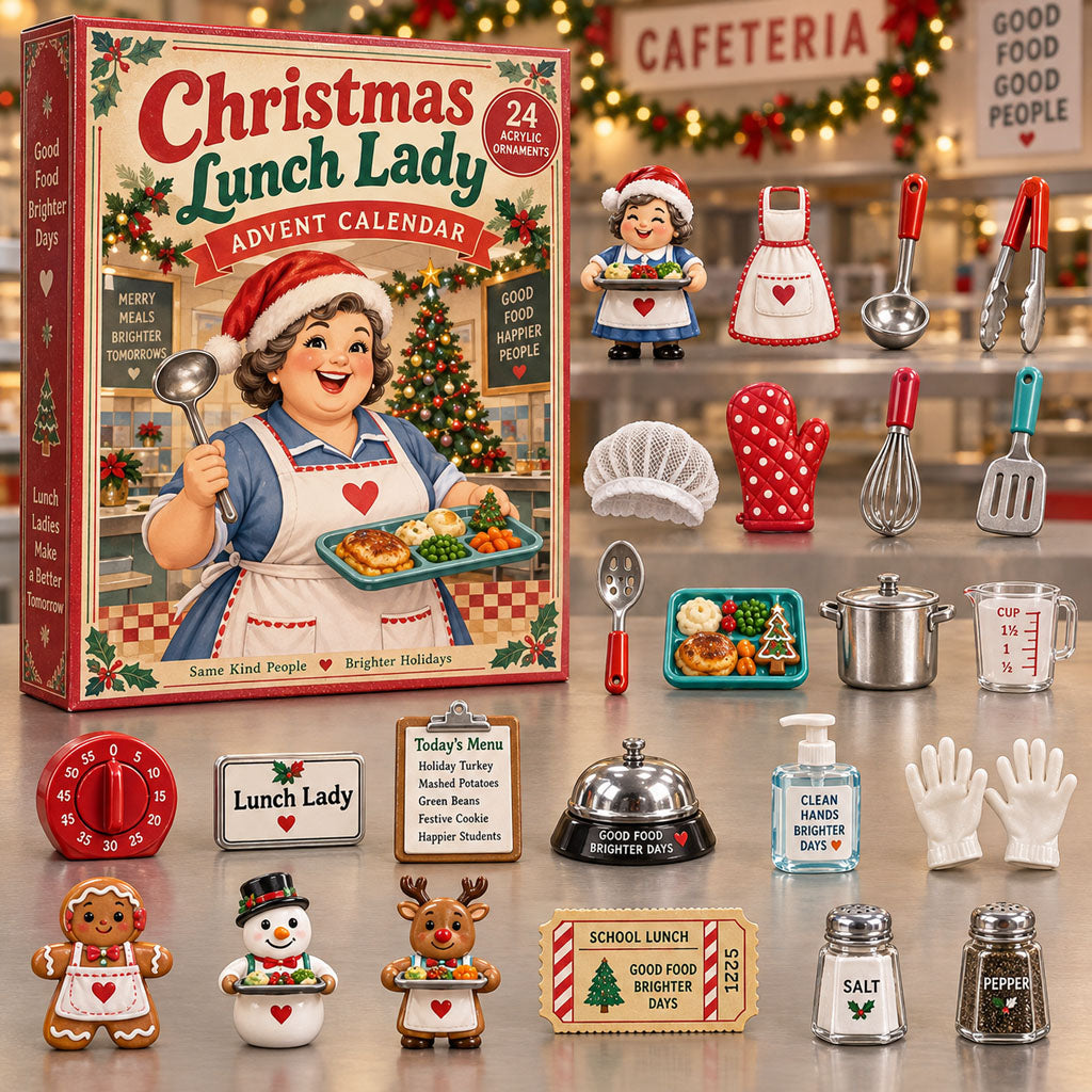 Lunch Lady advent calendar box with 24 acrylic Christmas charms