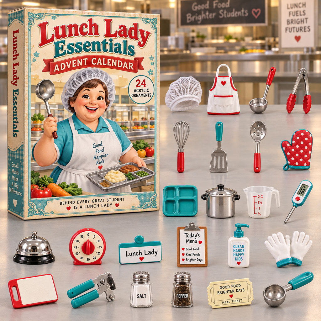 Lunch Lady Essentials advent calendar box with 24 acrylic Christmas charms