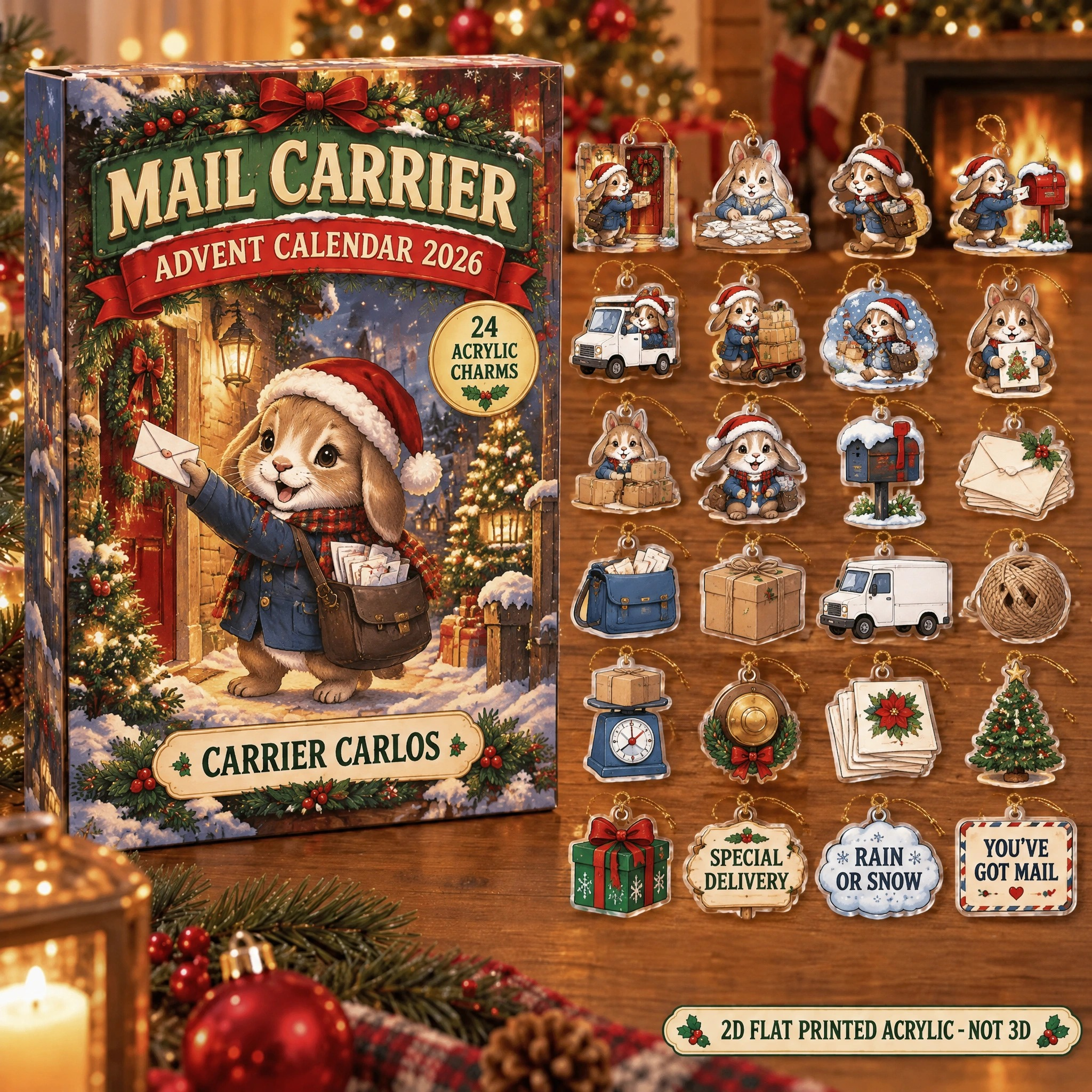 Personalized Mail Carrier Bunny advent calendar box with 24 flat acrylic Christmas charms
