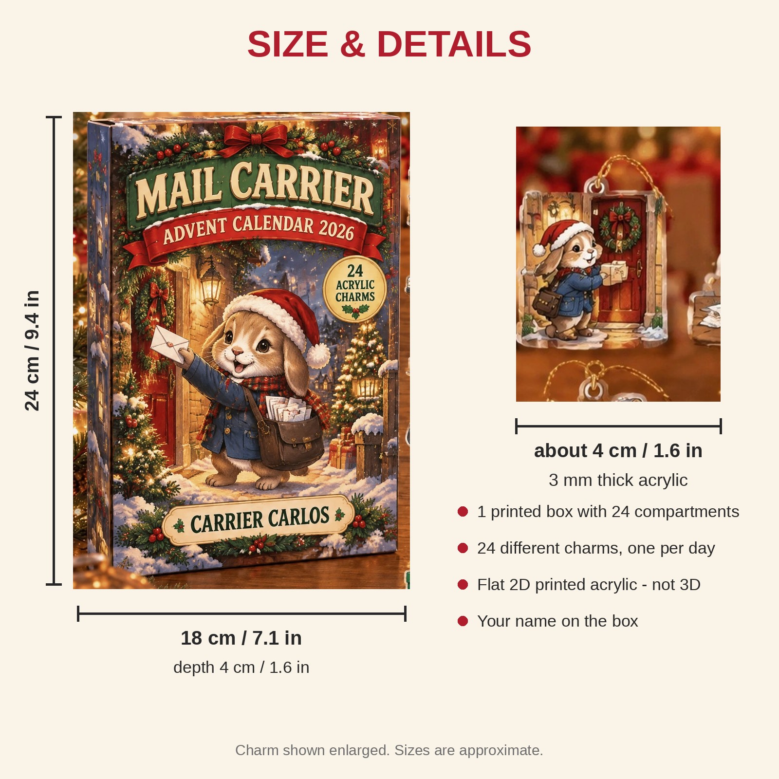 Personalized Mail Carrier Bunny advent calendar box with 24 flat acrylic Christmas charms: box and charm sizes