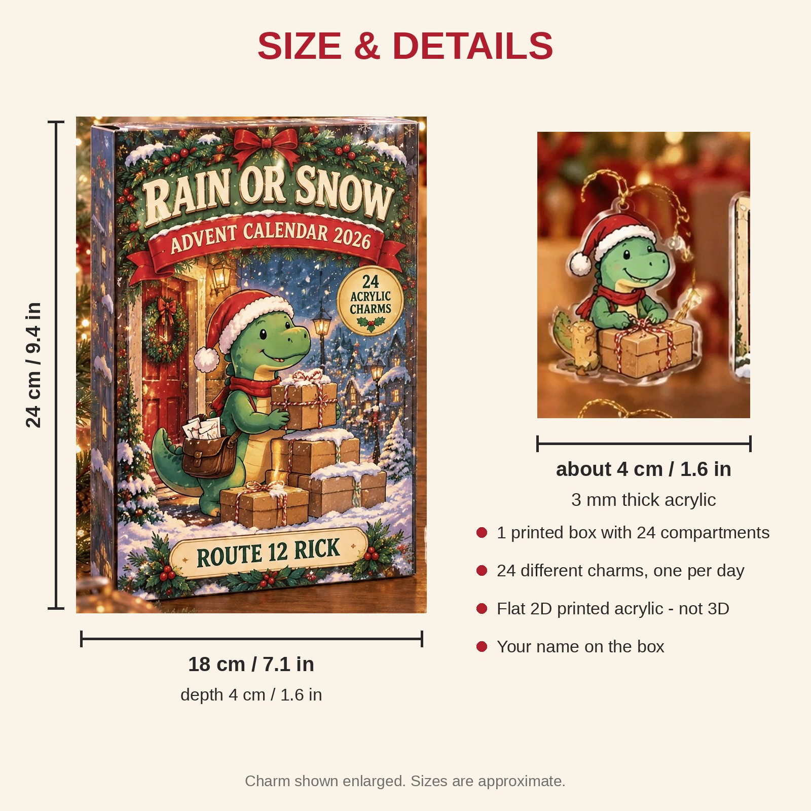 Personalized Mail Carrier Dinosaur advent calendar box with 24 flat acrylic Christmas charms: box and charm sizes