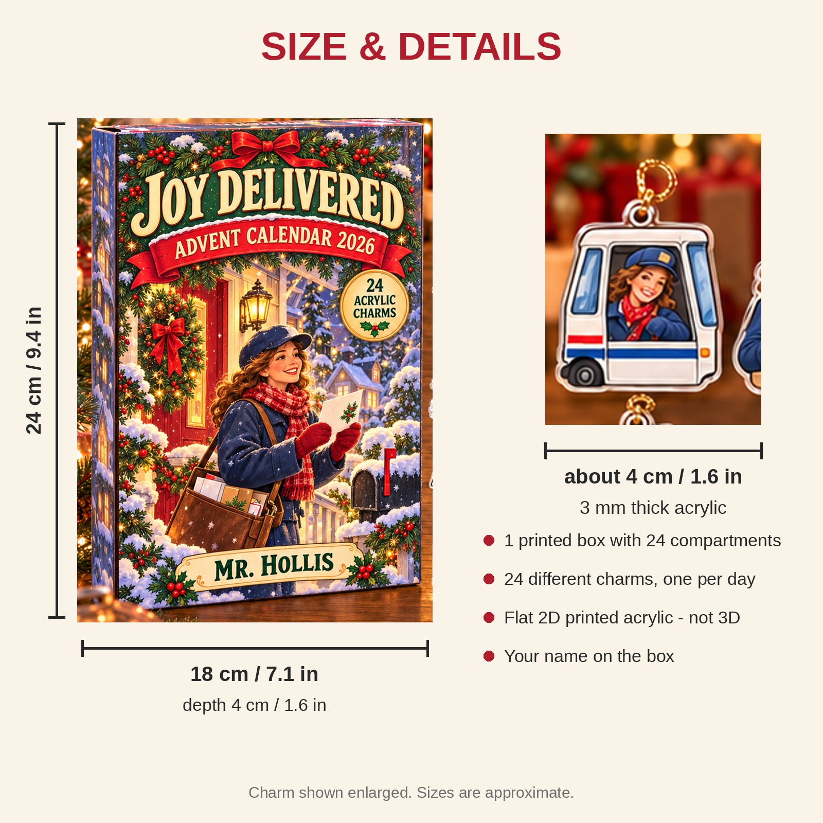 Personalized Mail Carrier Essentials advent calendar box with 24 flat acrylic Christmas charms: box and charm sizes