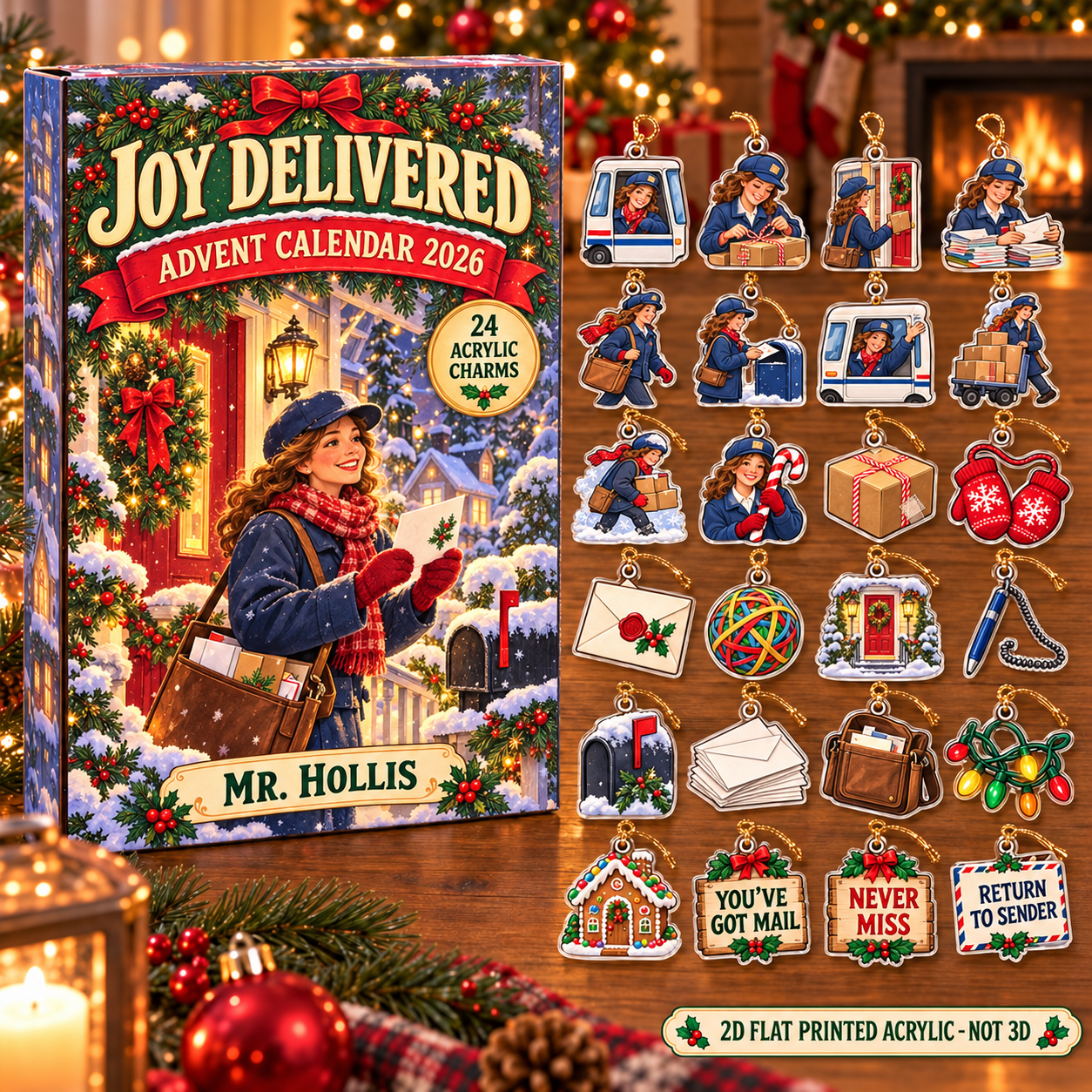 Personalized Mail Carrier Essentials advent calendar box with 24 flat acrylic Christmas charms