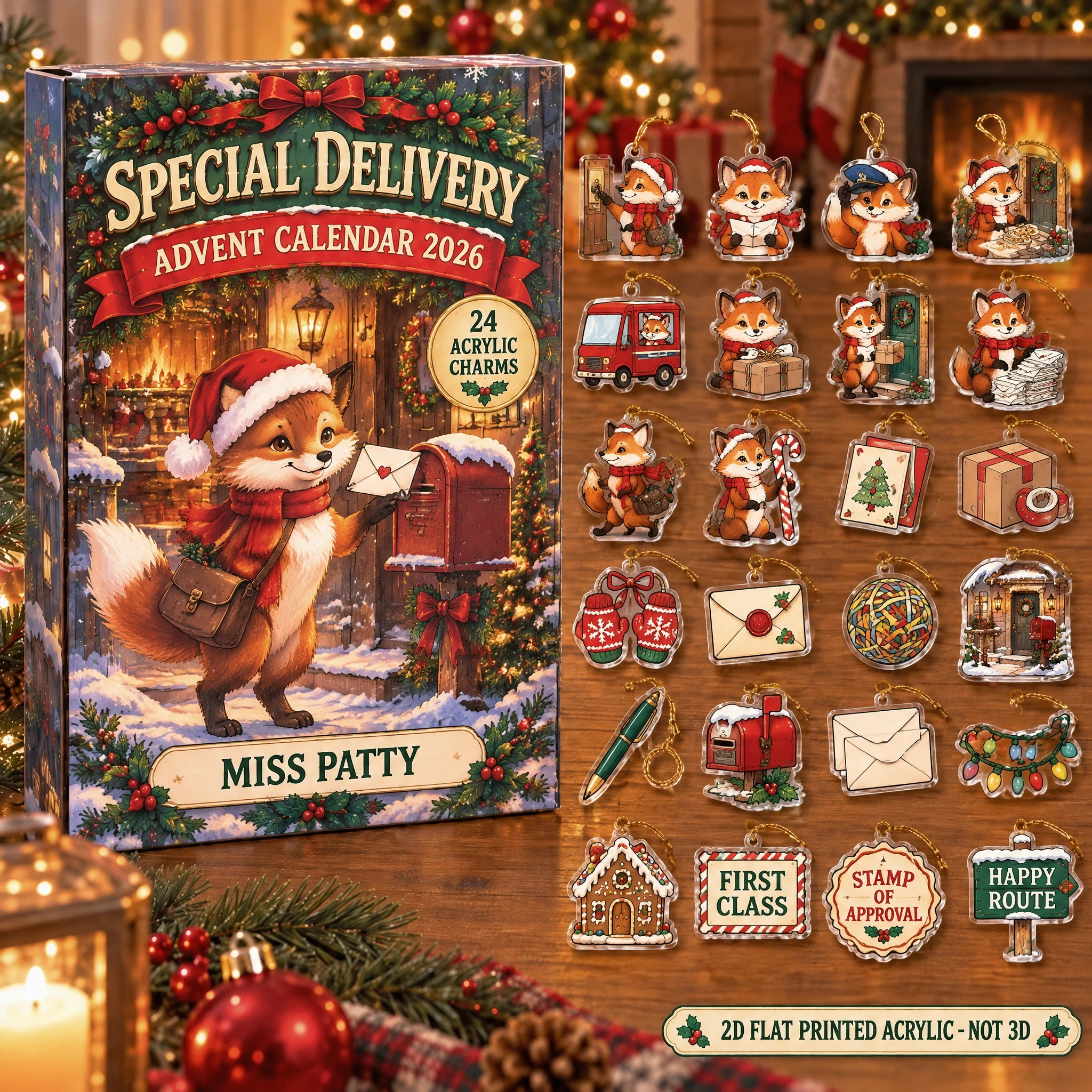 Personalized Mail Carrier Fox advent calendar box with 24 flat acrylic Christmas charms