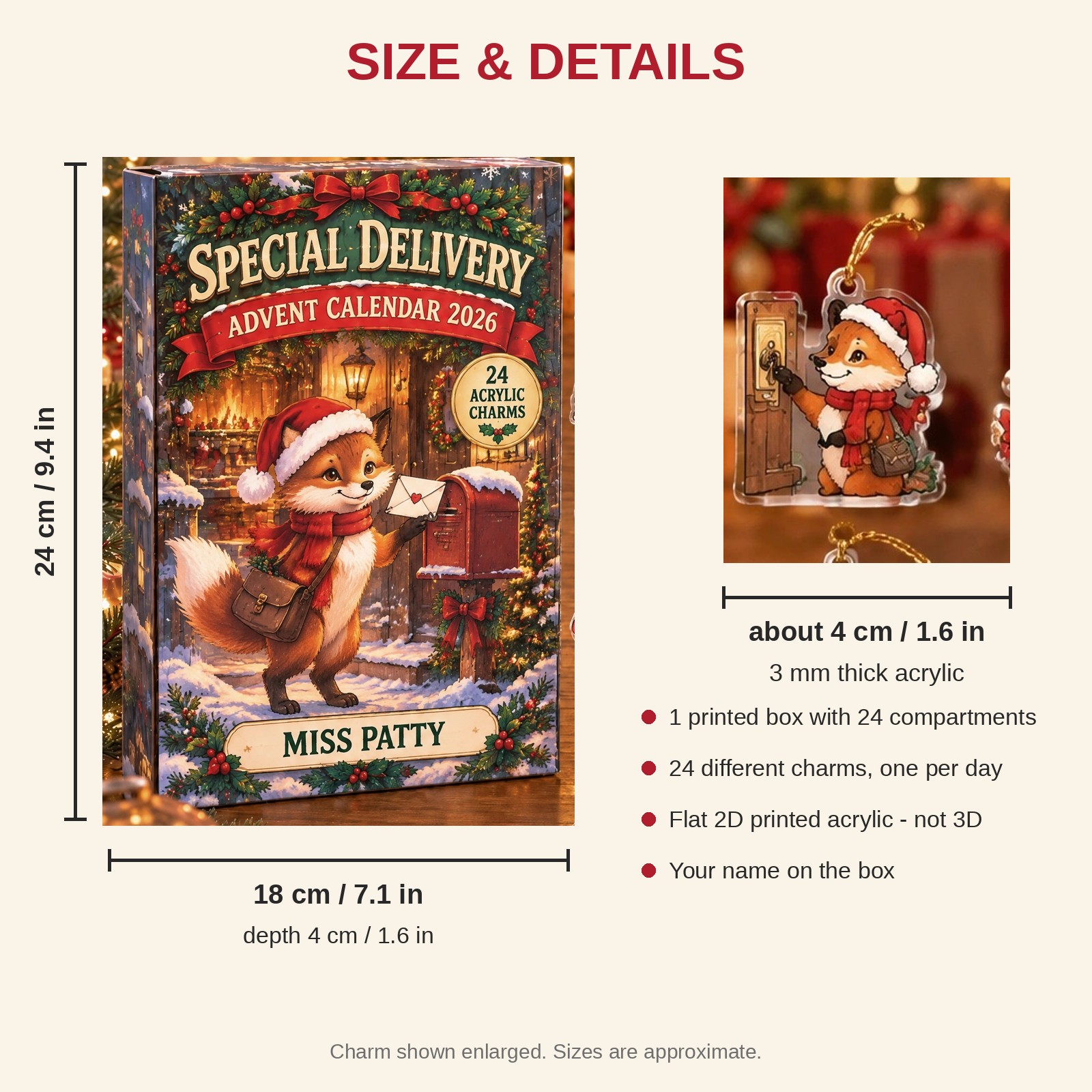 Personalized Mail Carrier Fox advent calendar box with 24 flat acrylic Christmas charms: box and charm sizes