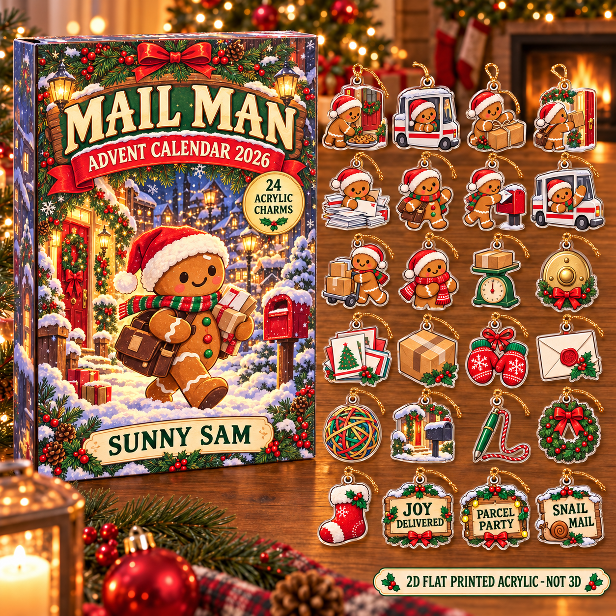 Personalized Mail Carrier Gingerbread advent calendar box with 24 flat acrylic Christmas charms