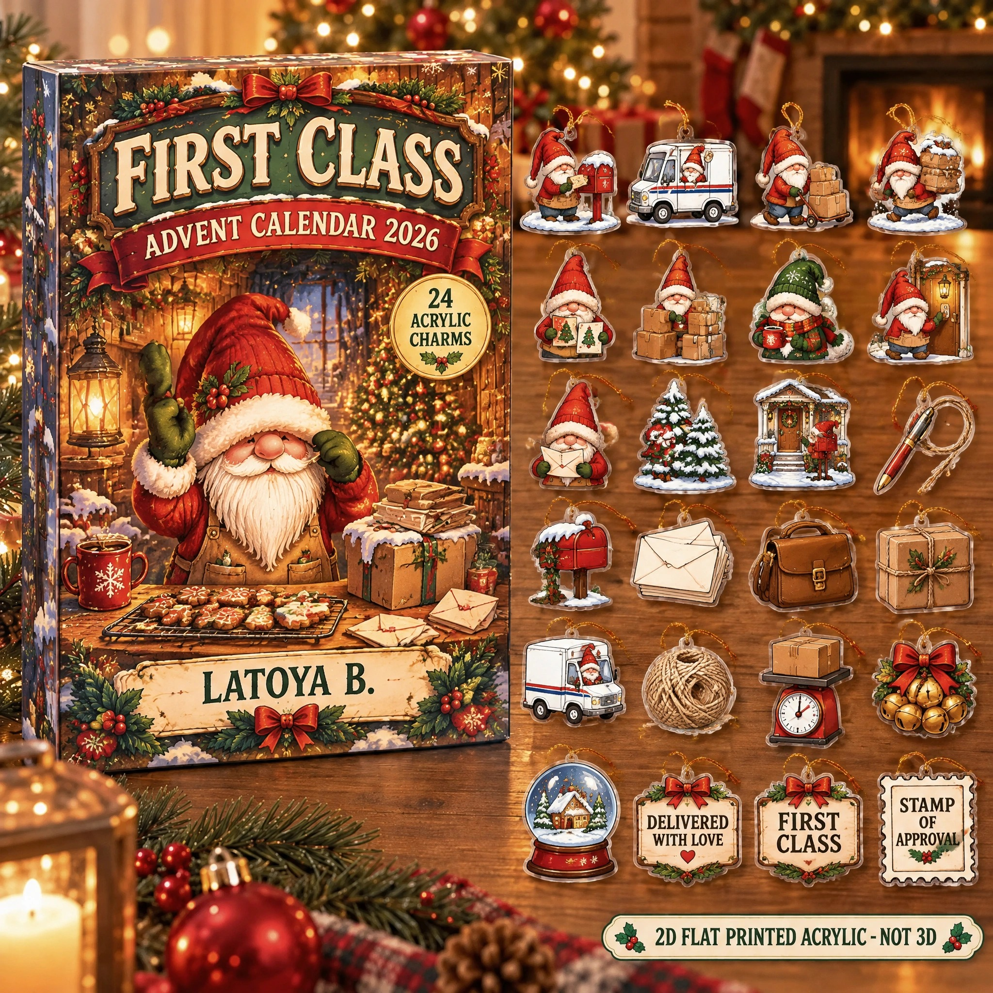 Personalized Mail Carrier Gnome advent calendar box with 24 flat acrylic Christmas charms