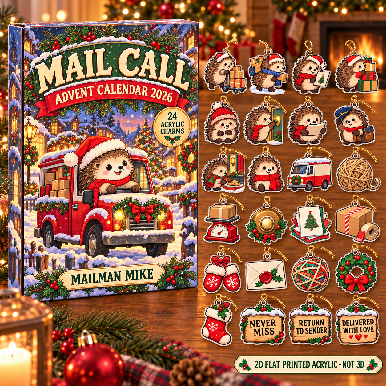 Personalized Mail Carrier Hedgehog advent calendar box with 24 flat acrylic Christmas charms