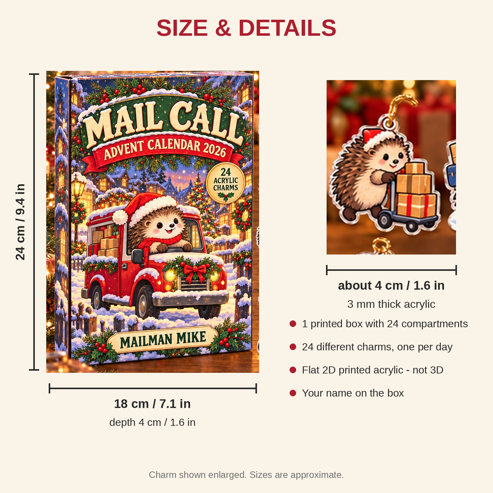 Personalized Mail Carrier Hedgehog advent calendar box with 24 flat acrylic Christmas charms: box and charm sizes