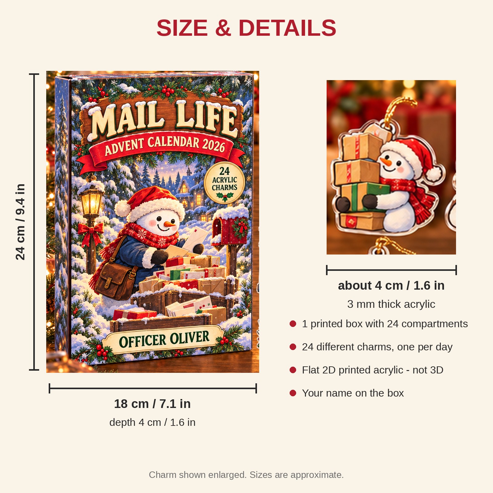 Personalized Mail Carrier Snowman advent calendar box with 24 flat acrylic Christmas charms: box and charm sizes