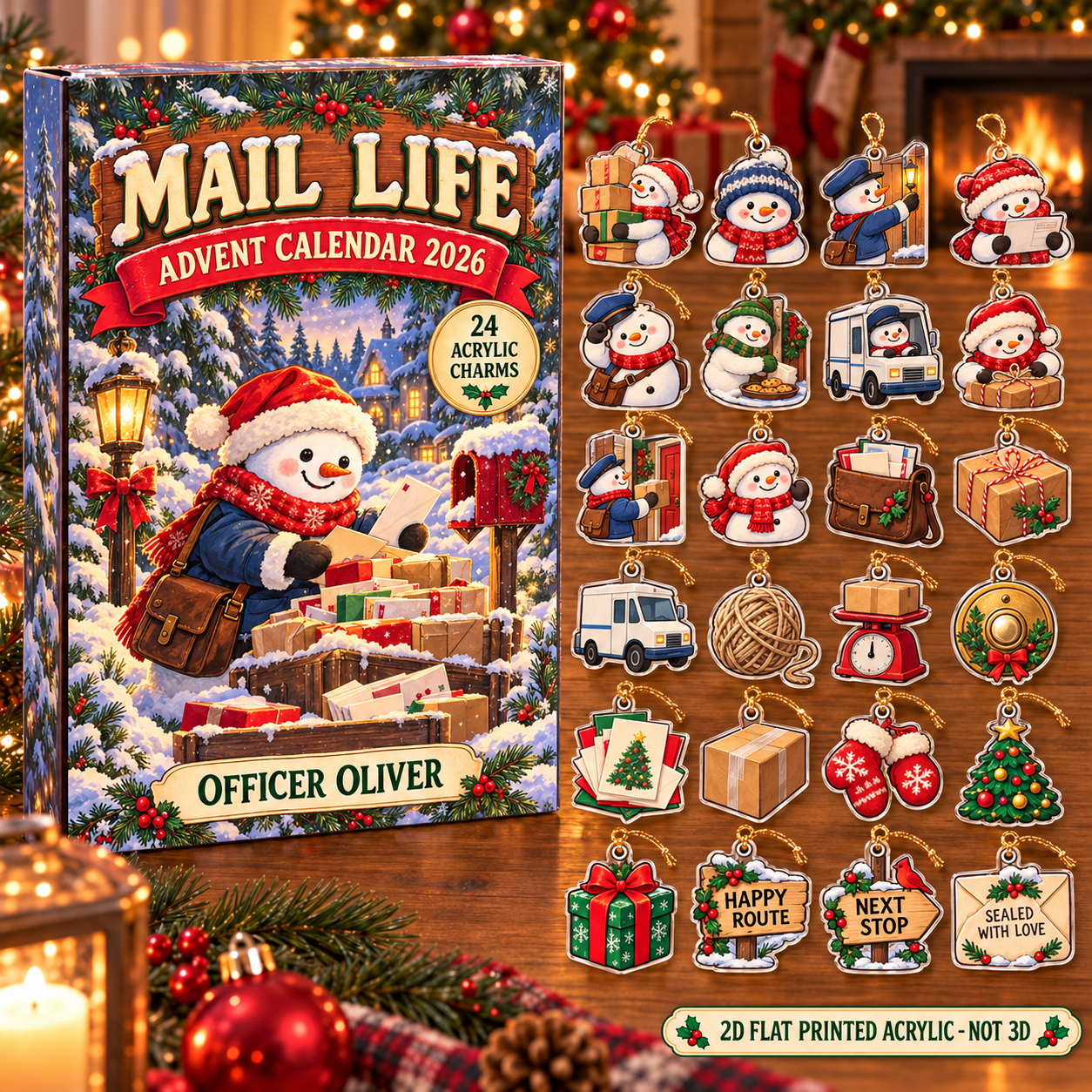 Personalized Mail Carrier Snowman advent calendar box with 24 flat acrylic Christmas charms