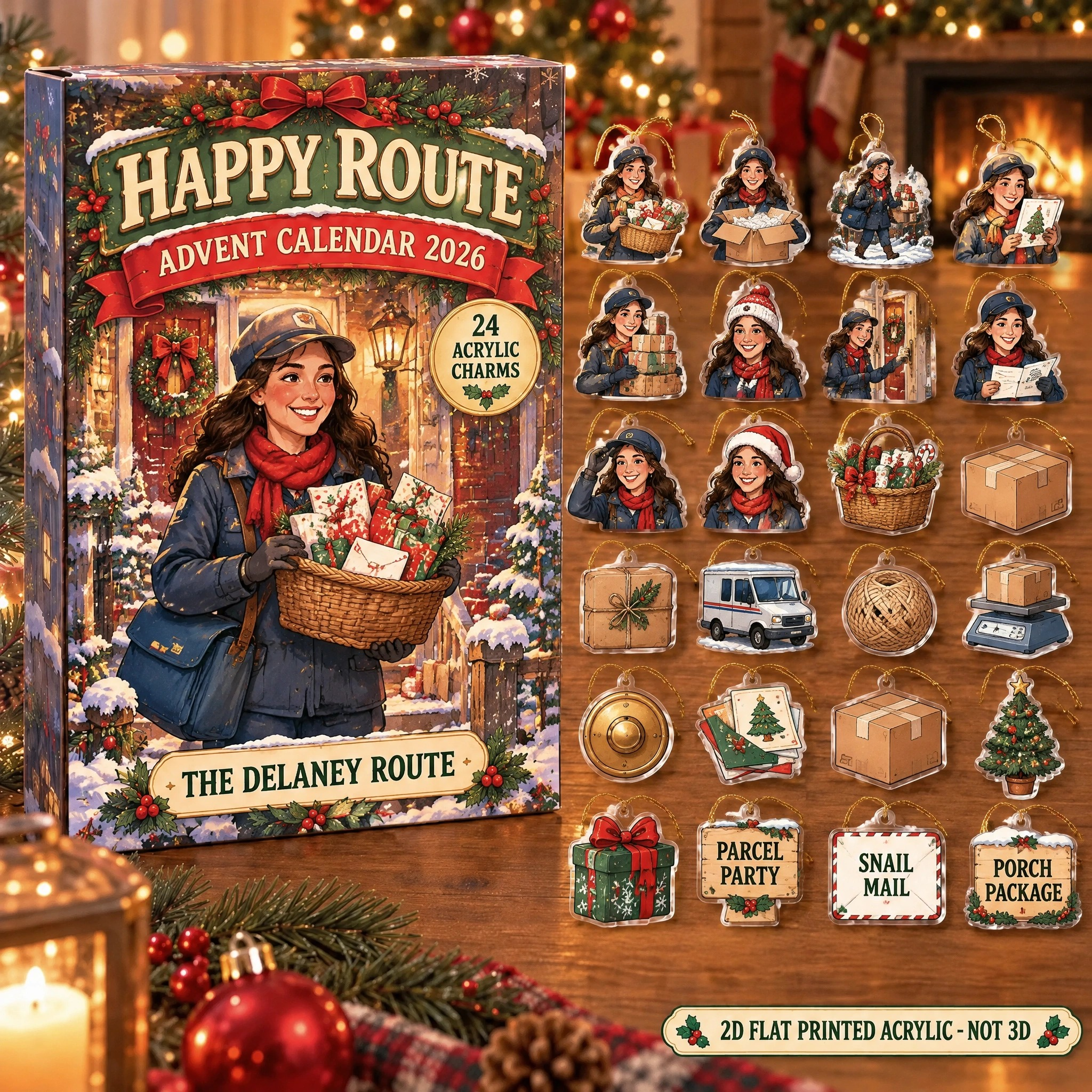 Personalized Mail Carrier Survival Kit advent calendar box with 24 flat acrylic Christmas charms