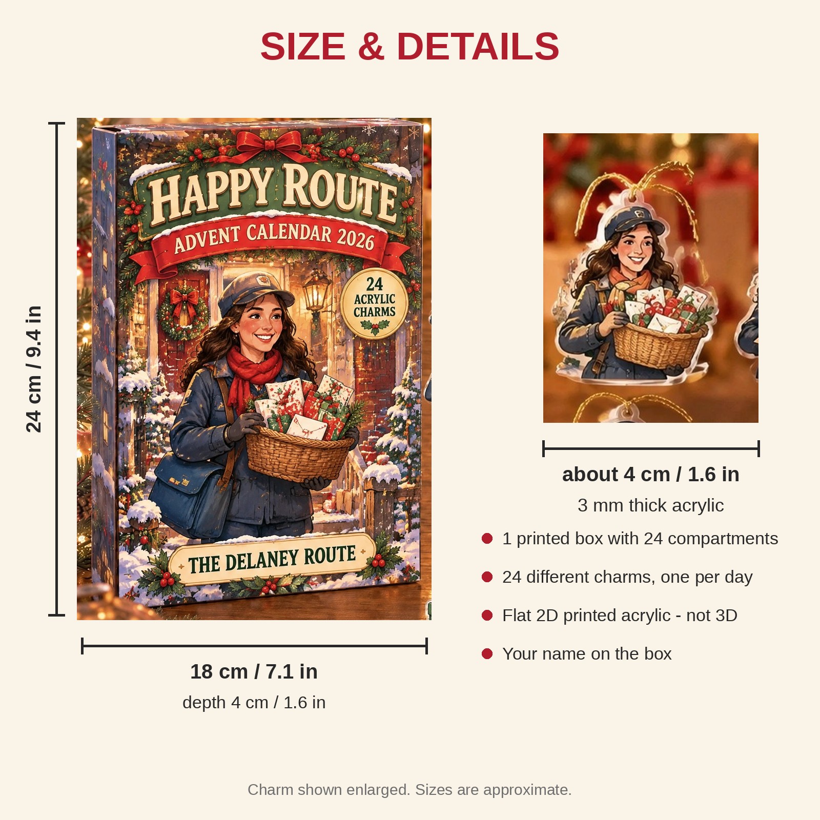 Personalized Mail Carrier Survival Kit advent calendar box with 24 flat acrylic Christmas charms: box and charm sizes