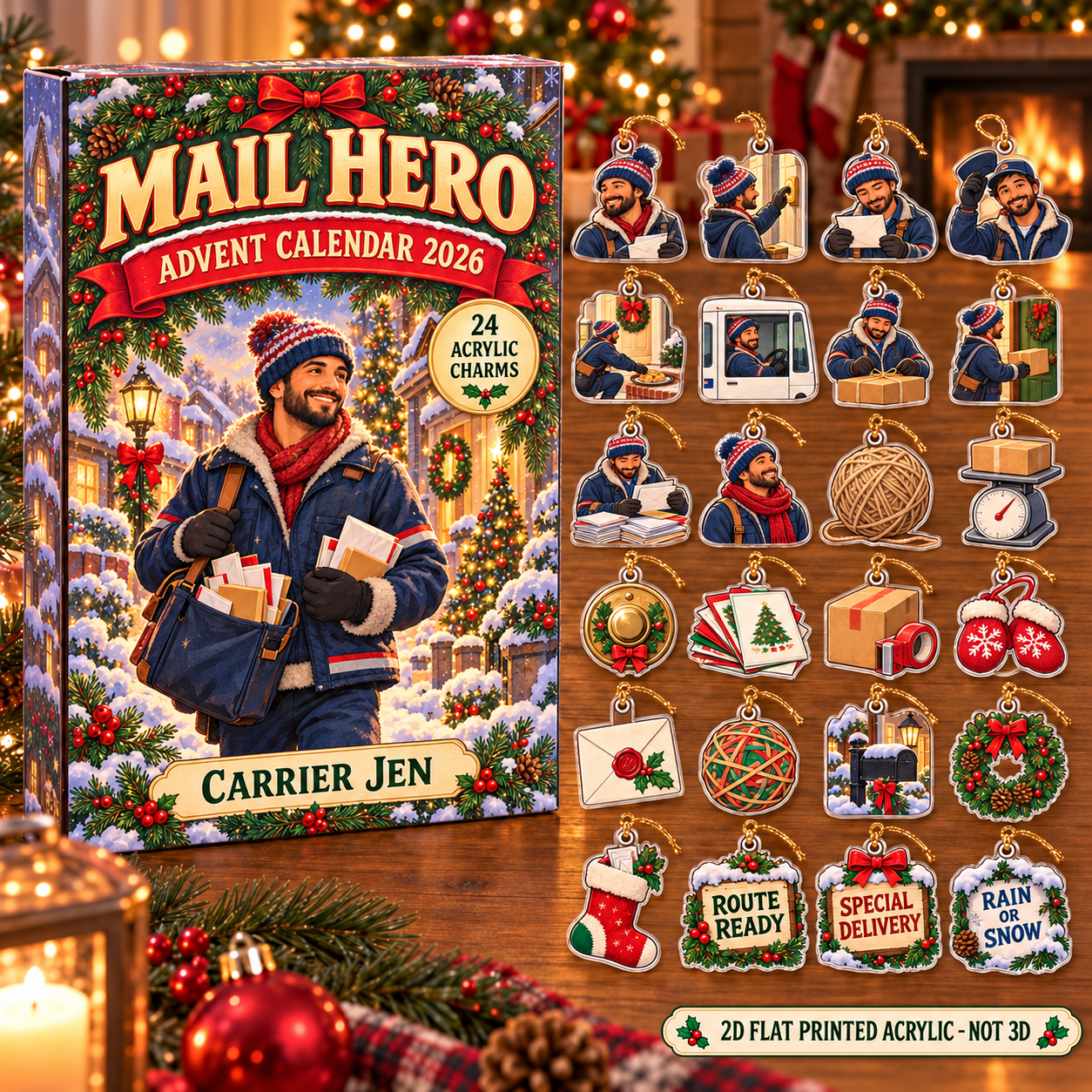 Personalized Retro Mail Carrier advent calendar box with 24 flat acrylic Christmas charms