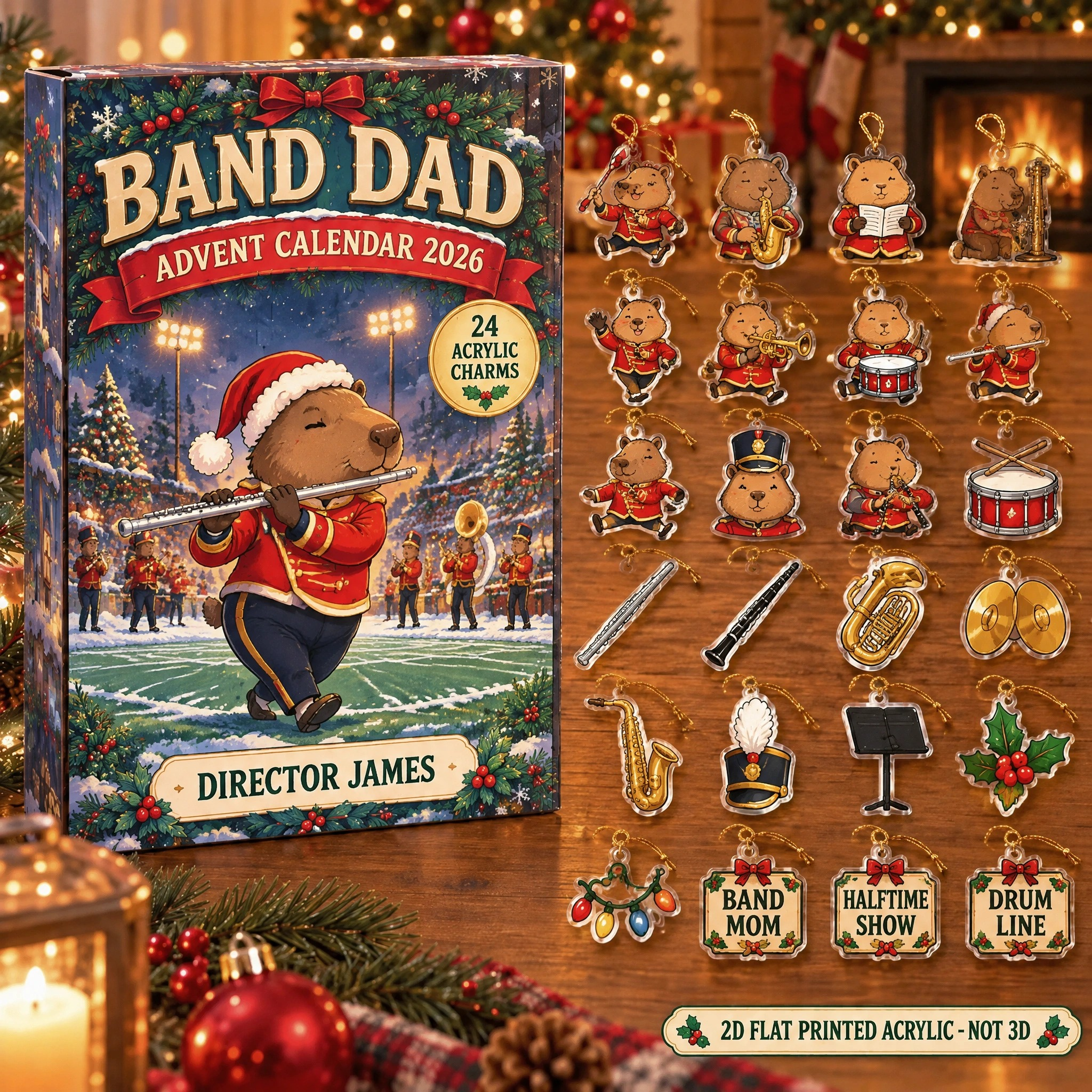 Personalized Marching Band Capybara advent calendar box with 24 flat acrylic Christmas charms