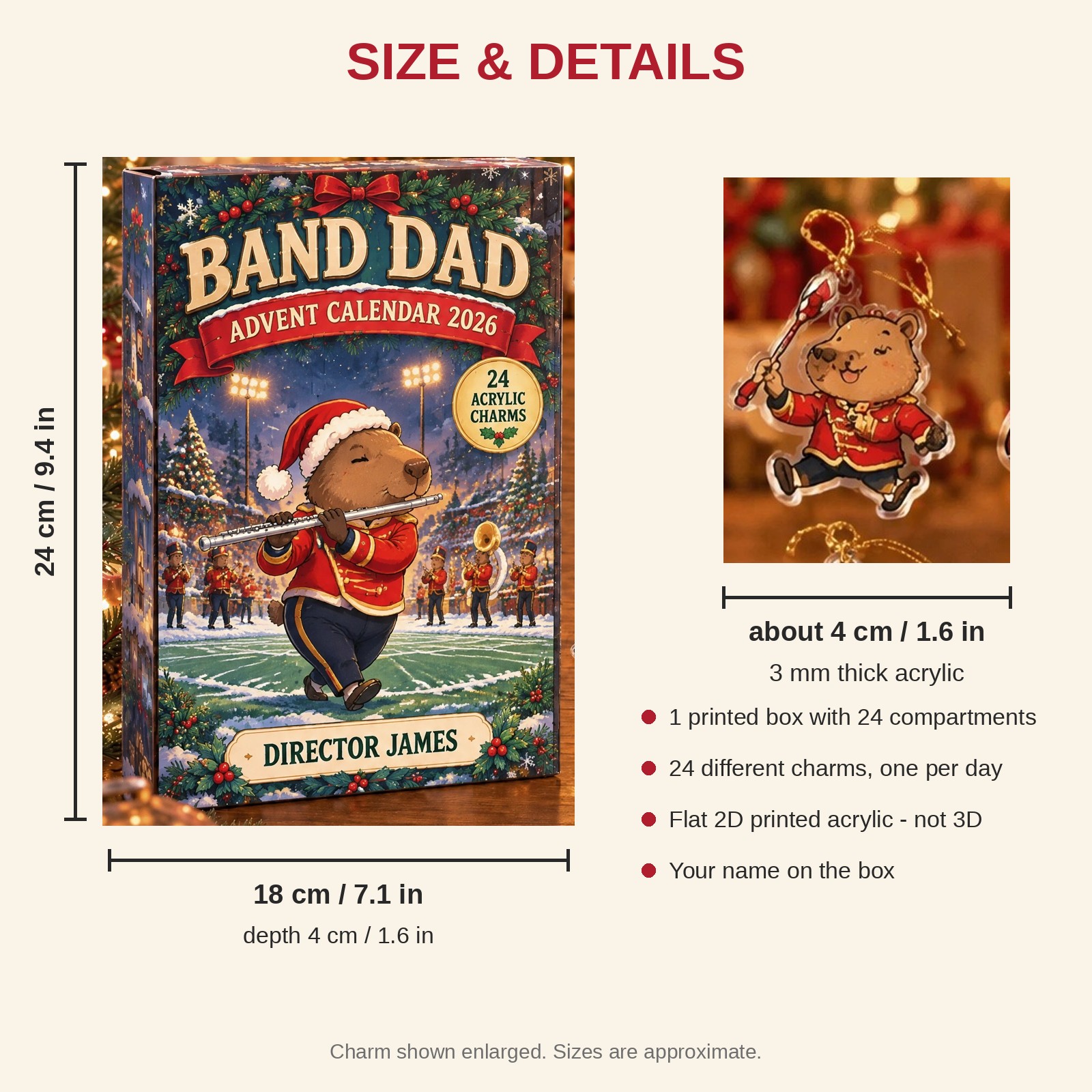 Personalized Marching Band Capybara advent calendar box with 24 flat acrylic Christmas charms: box and charm sizes