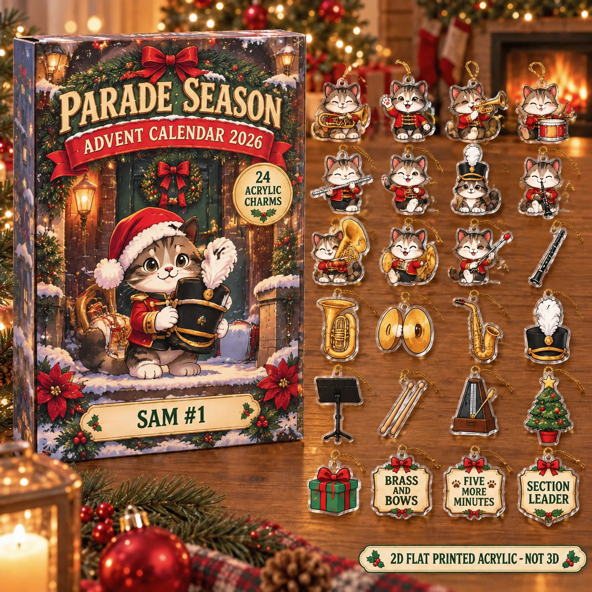 Personalized Marching Band Cat advent calendar box with 24 flat acrylic Christmas charms