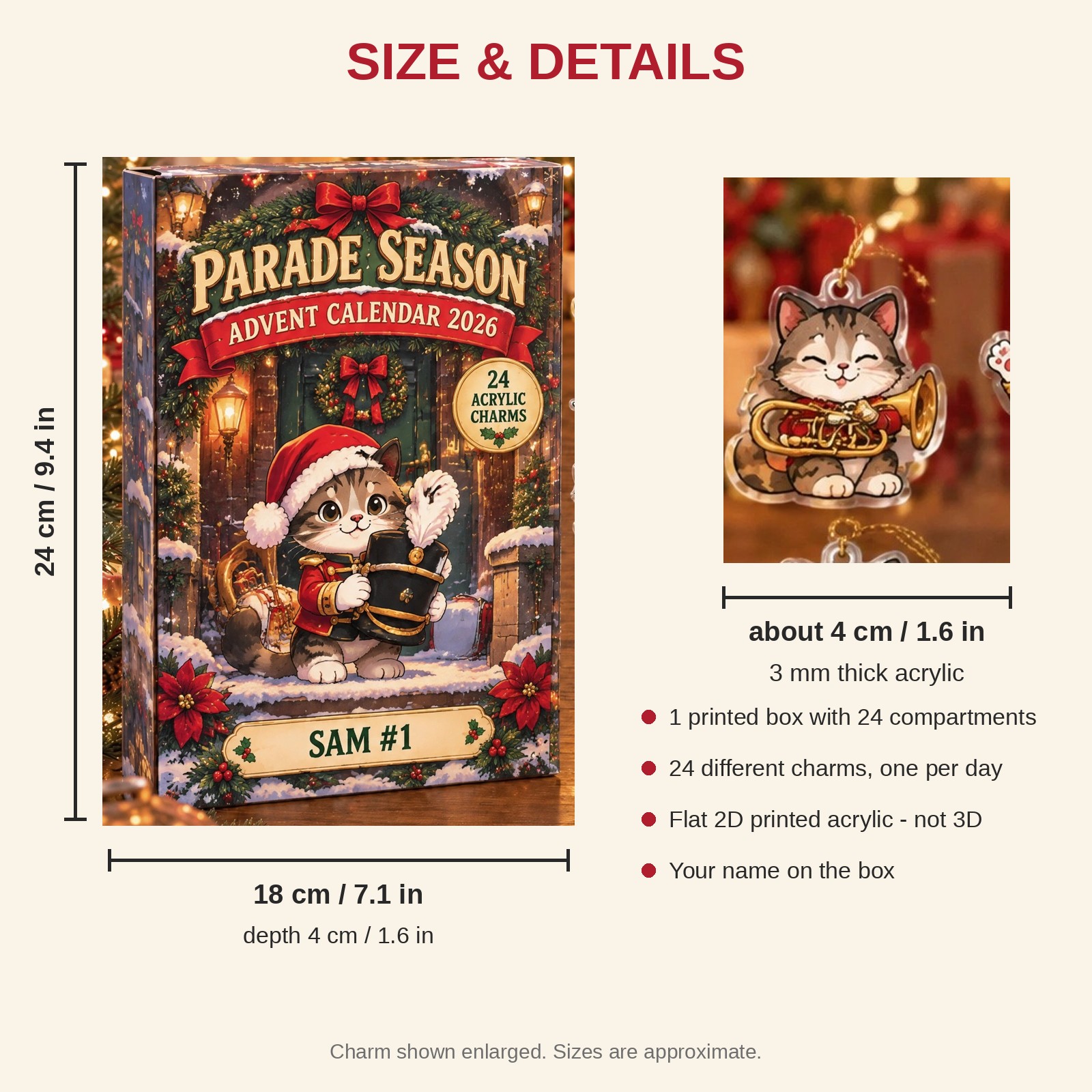 Personalized Marching Band Cat advent calendar box with 24 flat acrylic Christmas charms: box and charm sizes