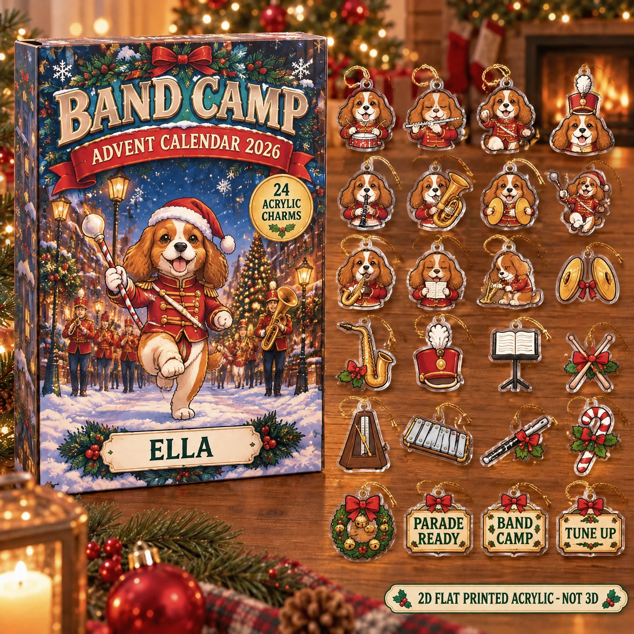 Personalized Marching Band Dog advent calendar box with 24 flat acrylic Christmas charms