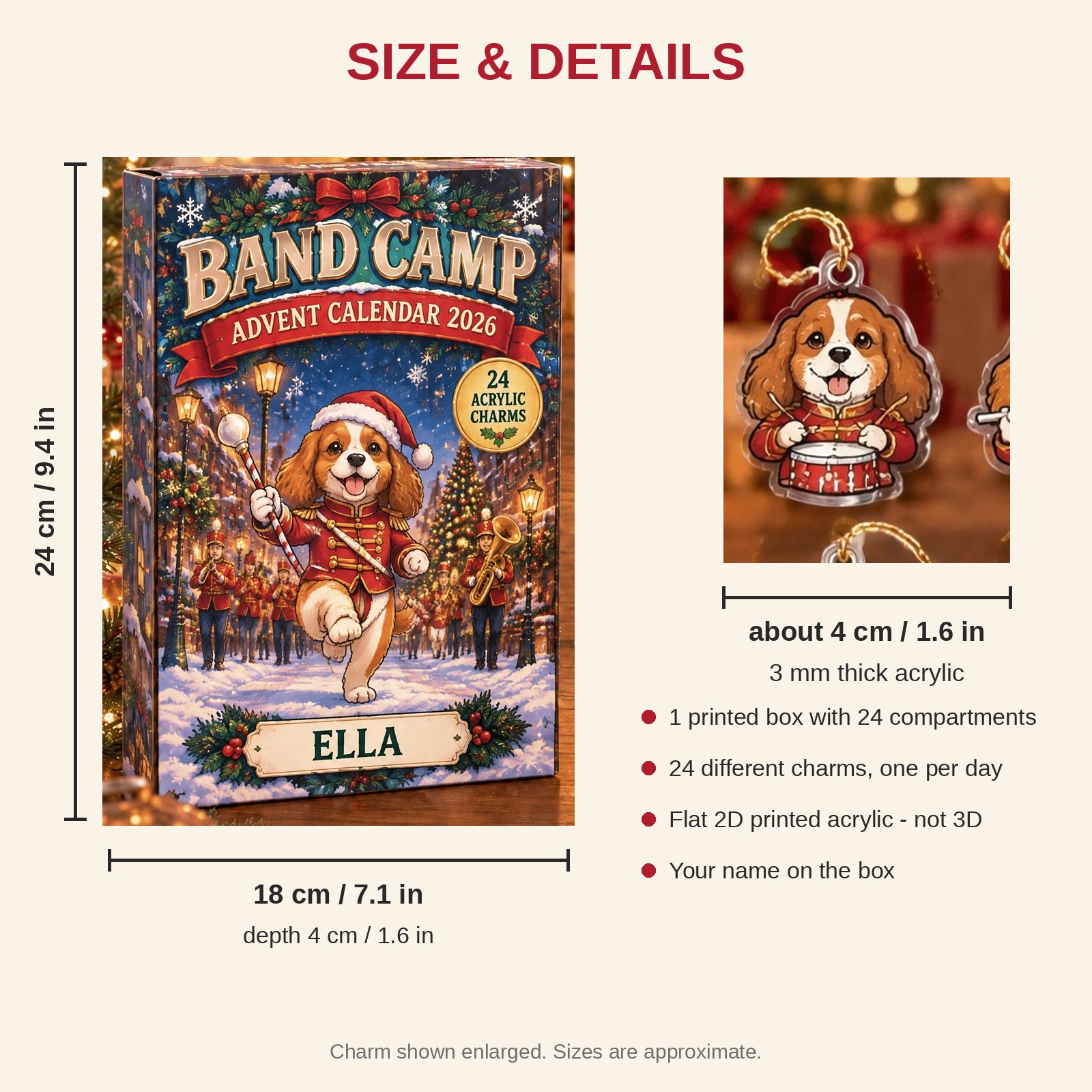 Personalized Marching Band Dog advent calendar box with 24 flat acrylic Christmas charms: box and charm sizes