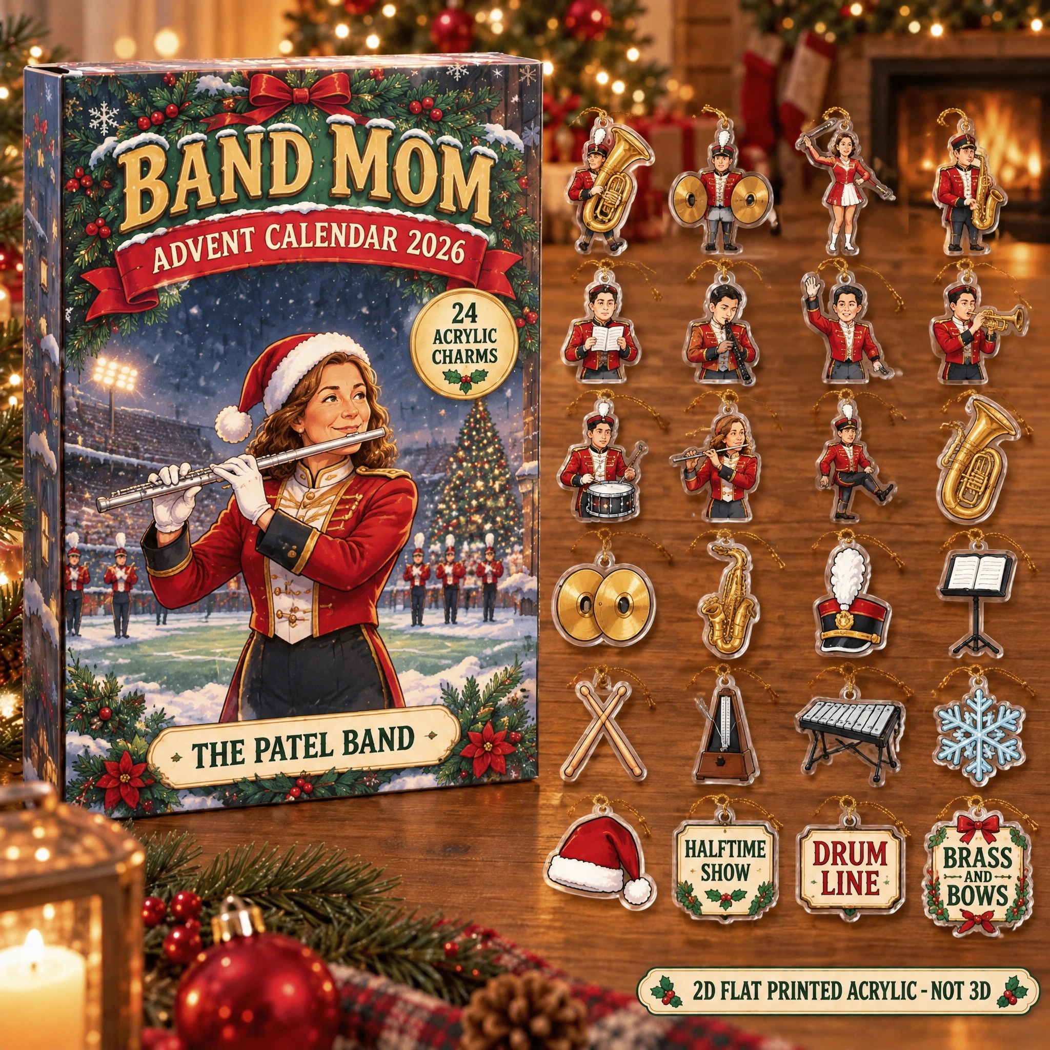 Personalized Marching Band Essentials advent calendar box with 24 flat acrylic Christmas charms