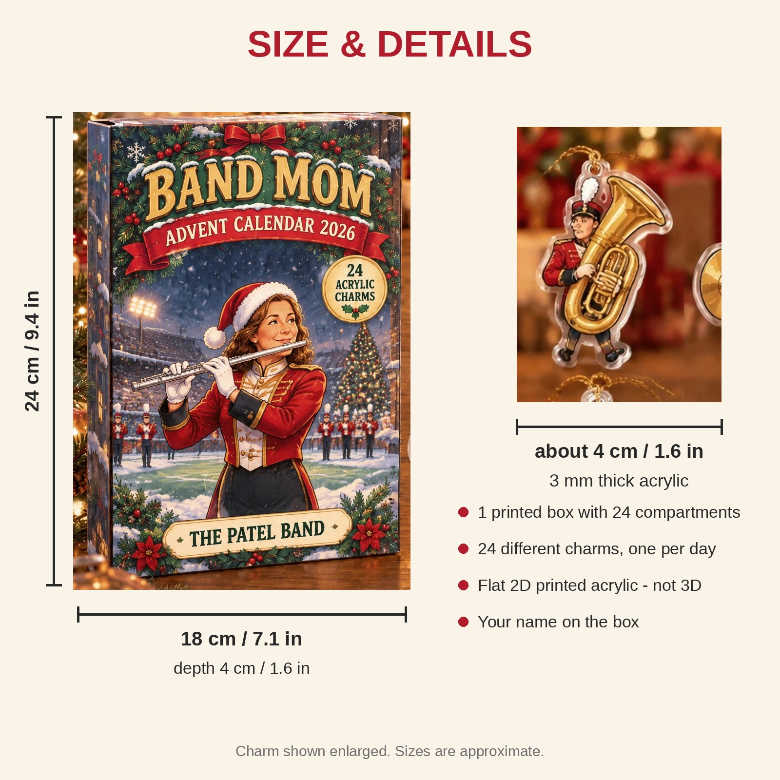 Personalized Marching Band Essentials advent calendar box with 24 flat acrylic Christmas charms: box and charm sizes