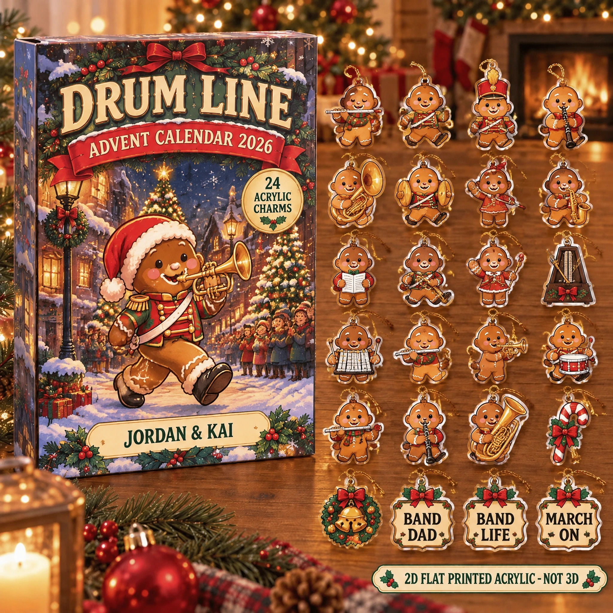 Personalized Marching Band Gingerbread advent calendar box with 24 flat acrylic Christmas charms