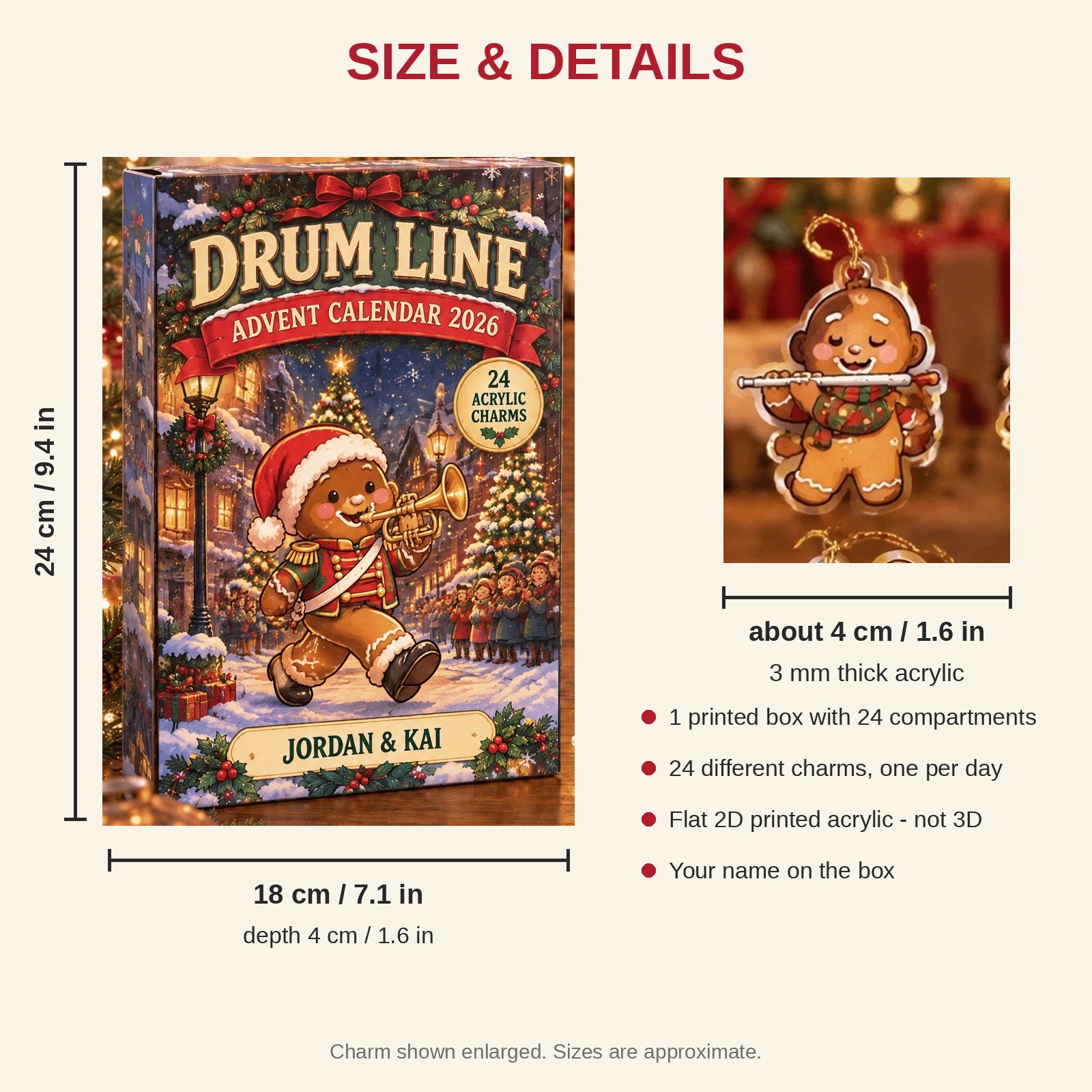 Personalized Marching Band Gingerbread advent calendar box with 24 flat acrylic Christmas charms: box and charm sizes