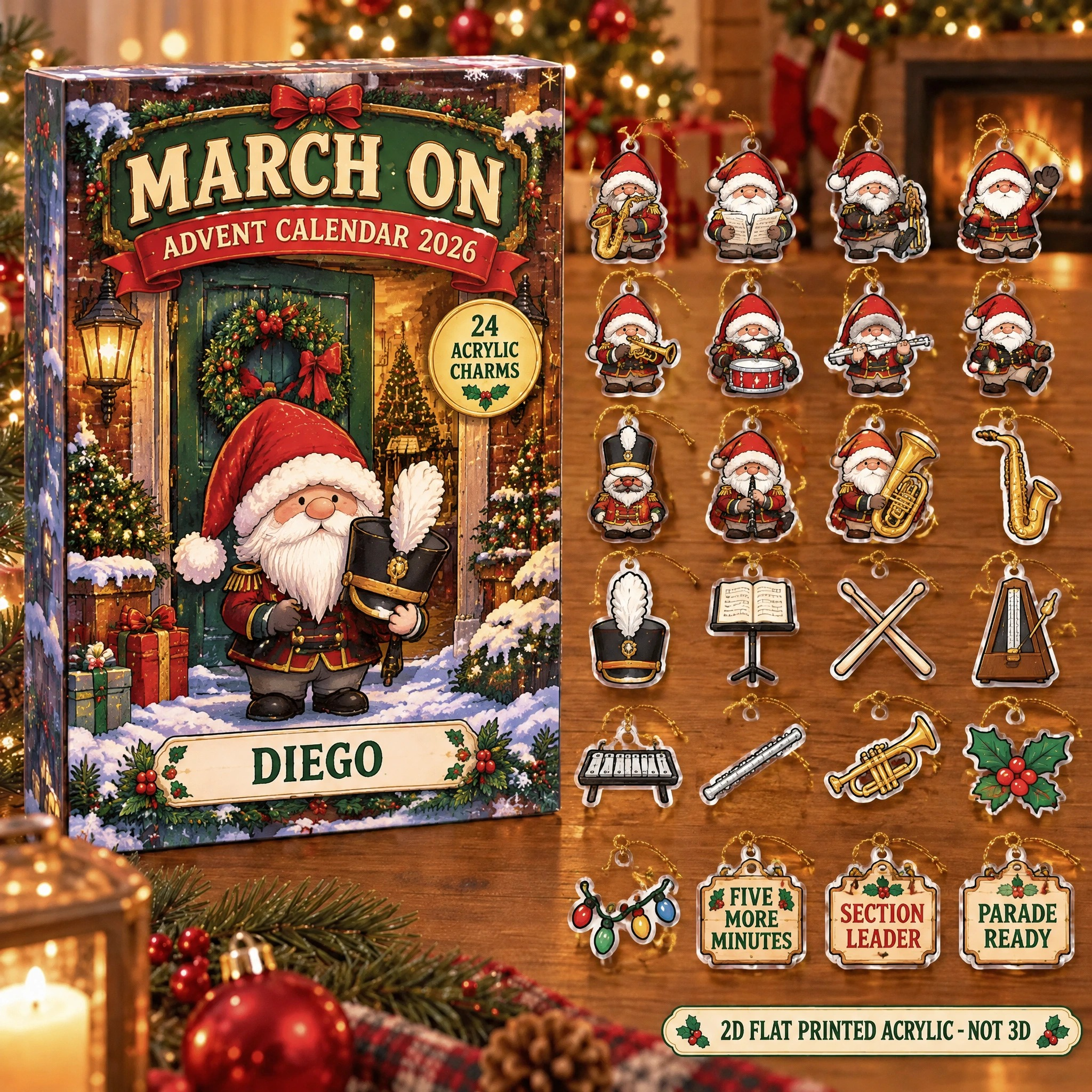 Personalized Marching Band Gnome advent calendar box with 24 flat acrylic Christmas charms