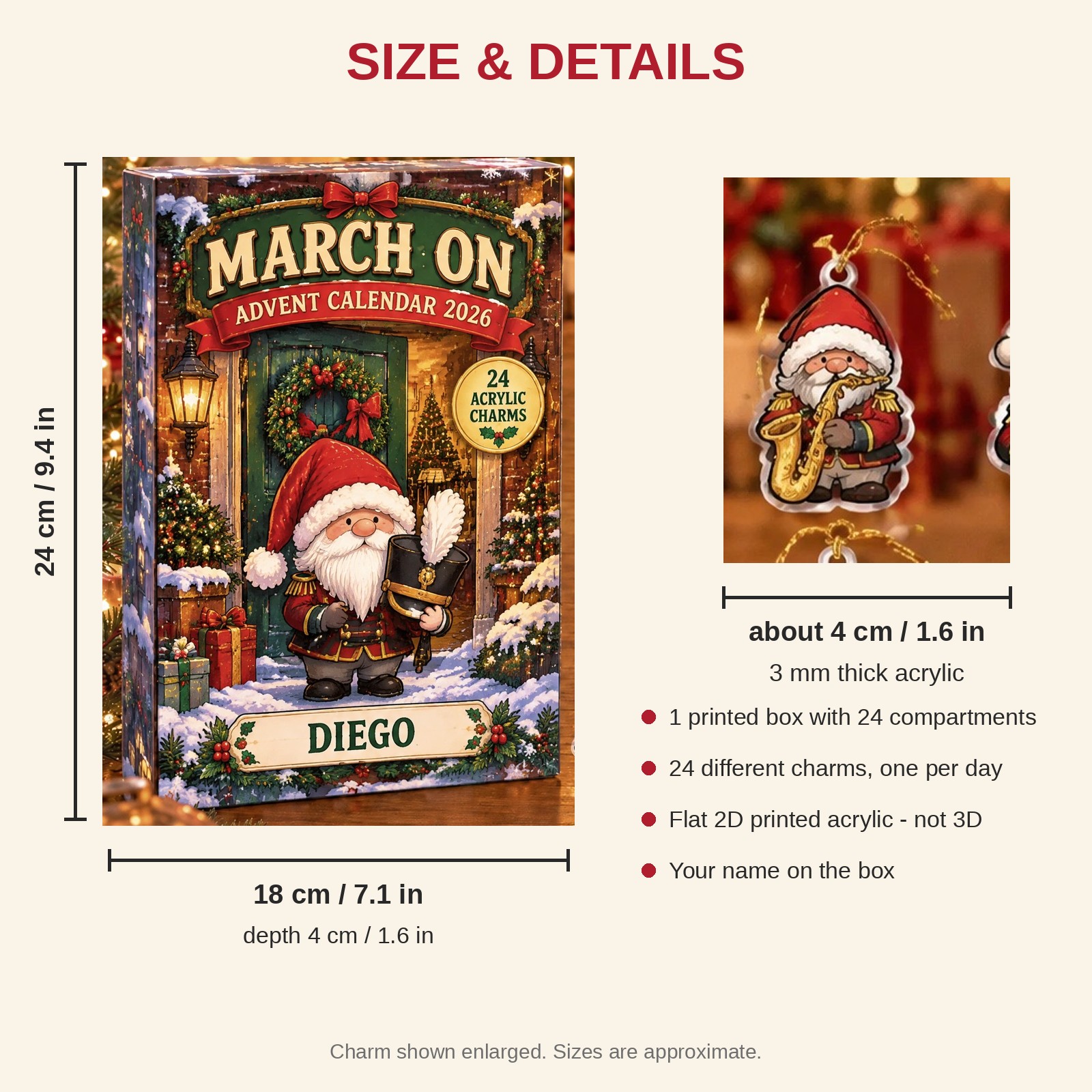 Personalized Marching Band Gnome advent calendar box with 24 flat acrylic Christmas charms: box and charm sizes