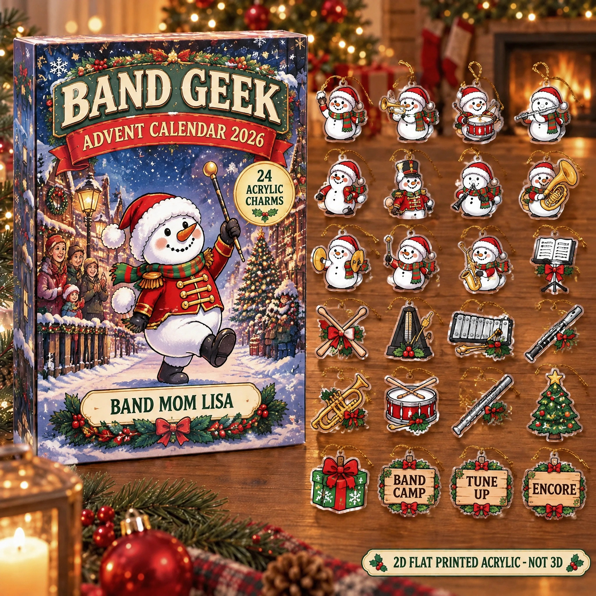 Personalized Marching Band Snowman advent calendar box with 24 flat acrylic Christmas charms