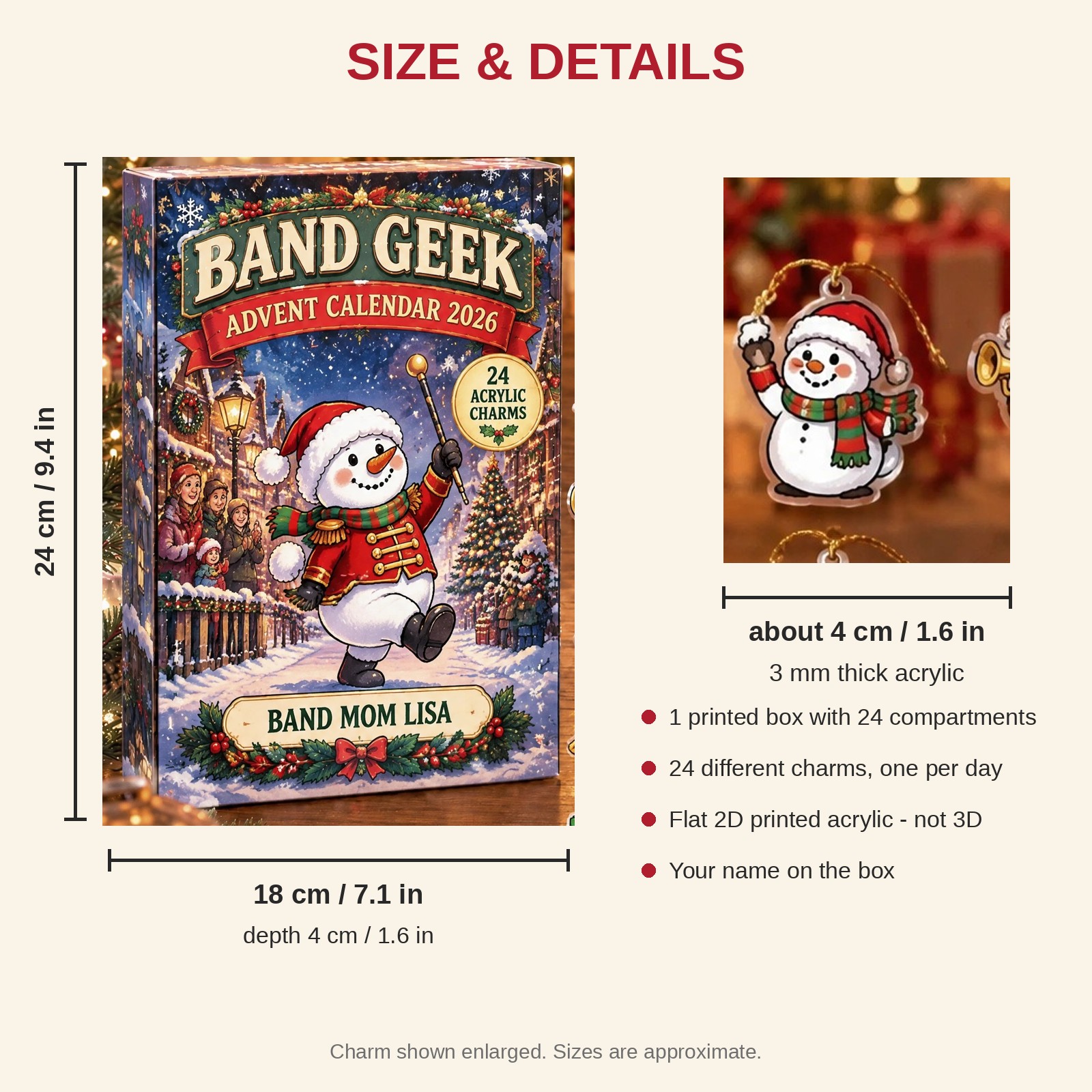 Personalized Marching Band Snowman advent calendar box with 24 flat acrylic Christmas charms: box and charm sizes