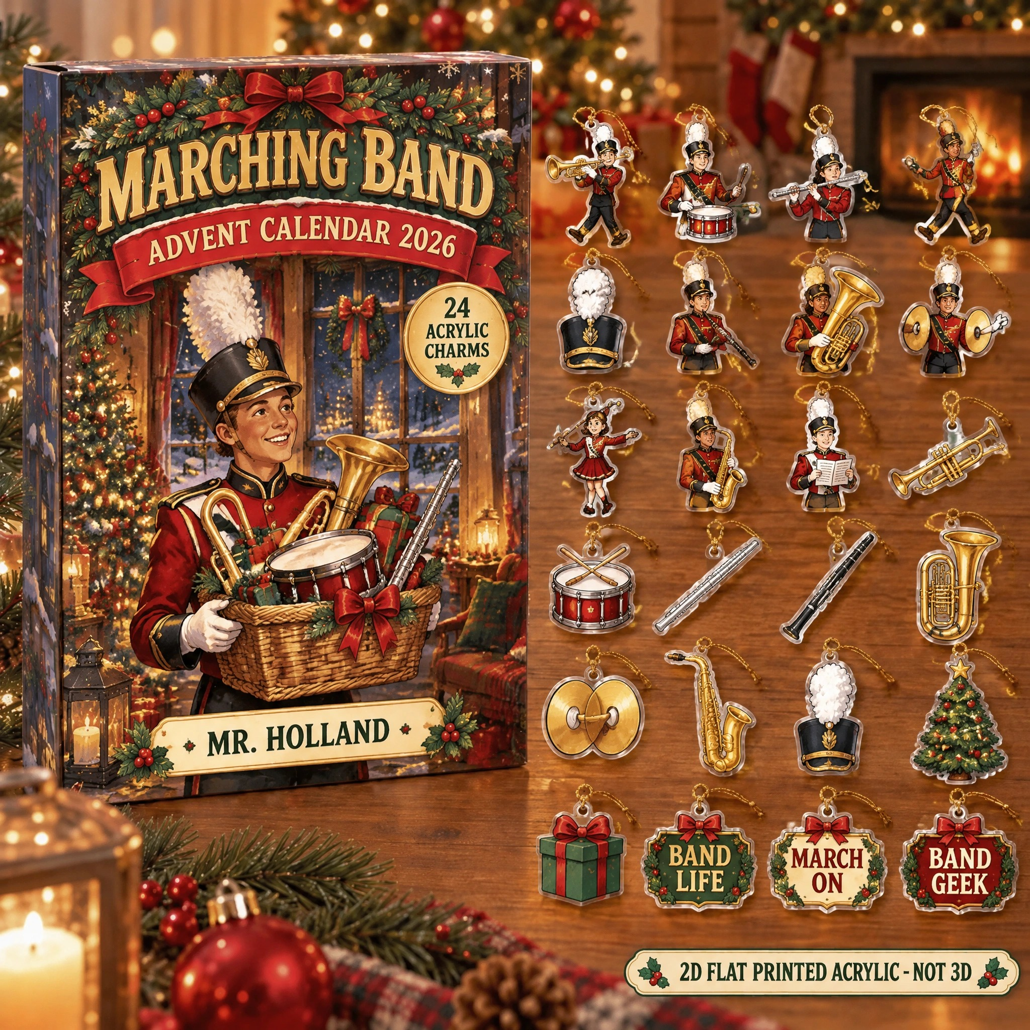 Personalized Marching Band Survival Kit advent calendar box with 24 flat acrylic Christmas charms