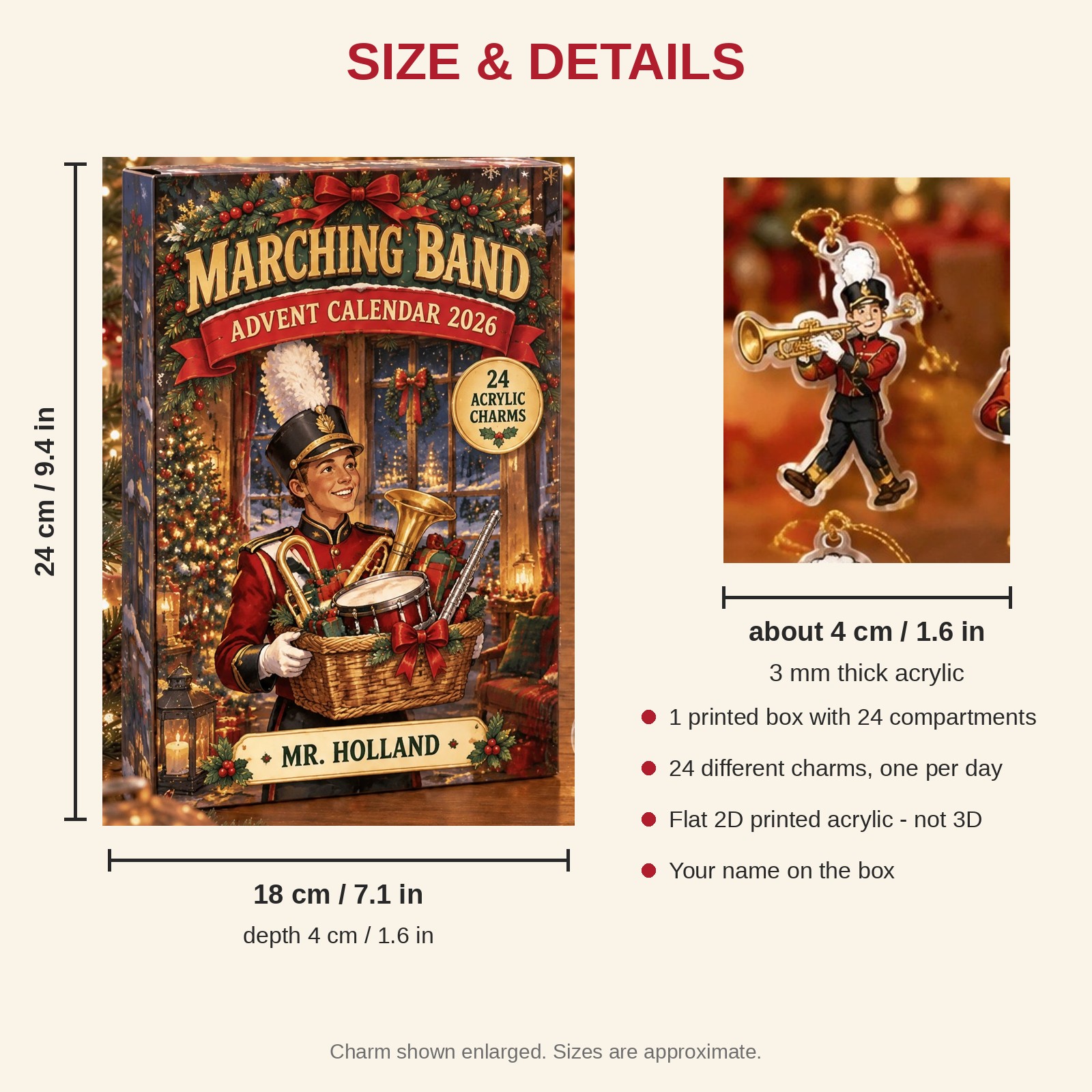 Personalized Marching Band Survival Kit advent calendar box with 24 flat acrylic Christmas charms: box and charm sizes