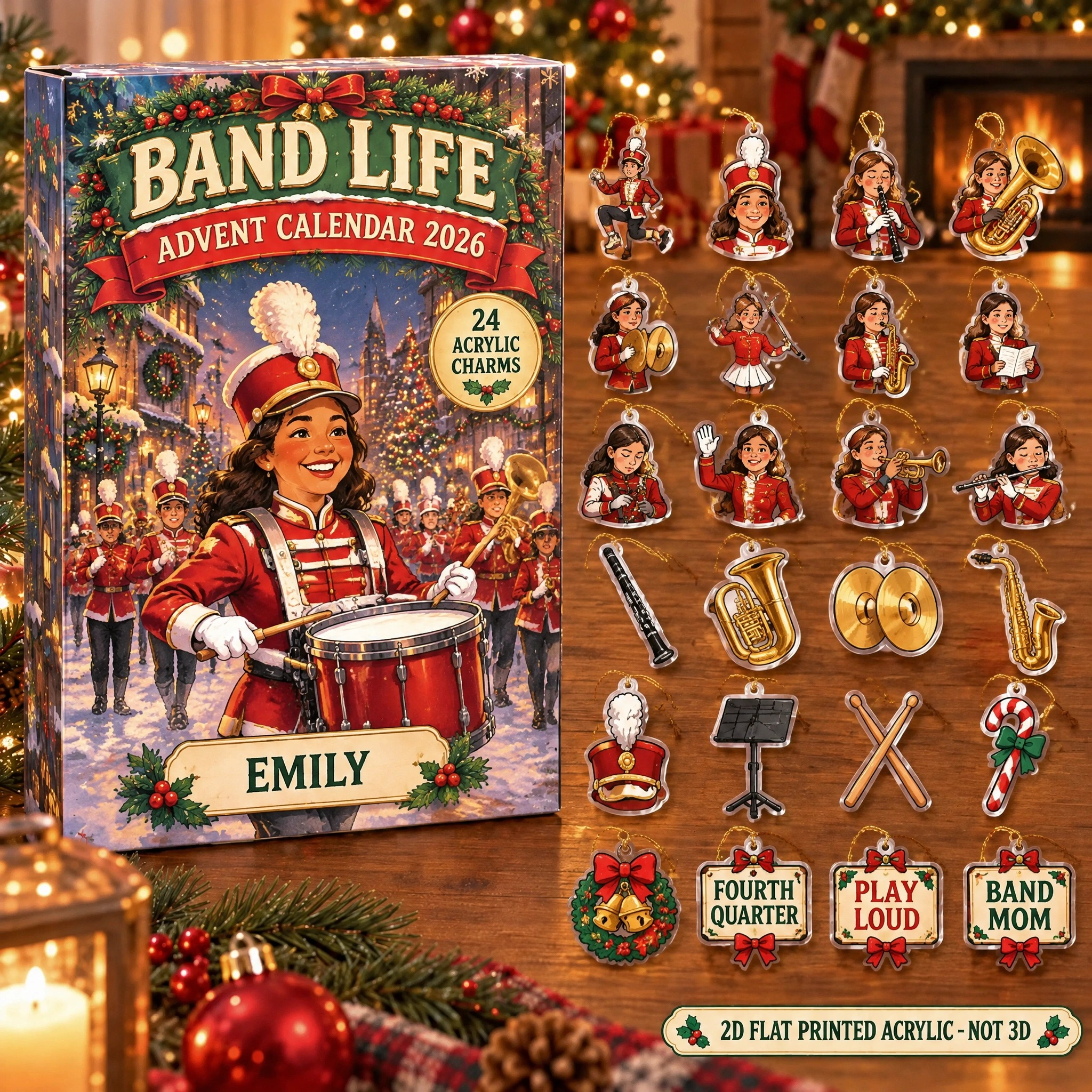 Personalized Marching Band Vintage Retro advent calendar box with 24 flat acrylic Christmas charms