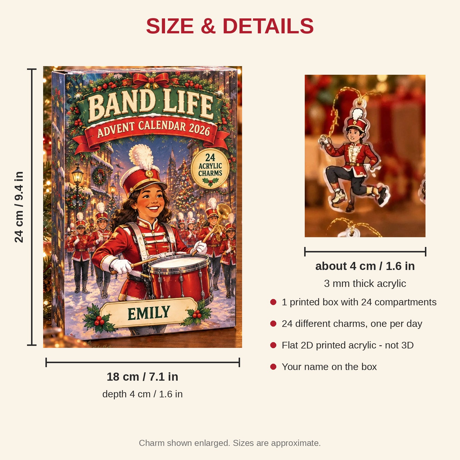 Personalized Marching Band Vintage Retro advent calendar box with 24 flat acrylic Christmas charms: box and charm sizes