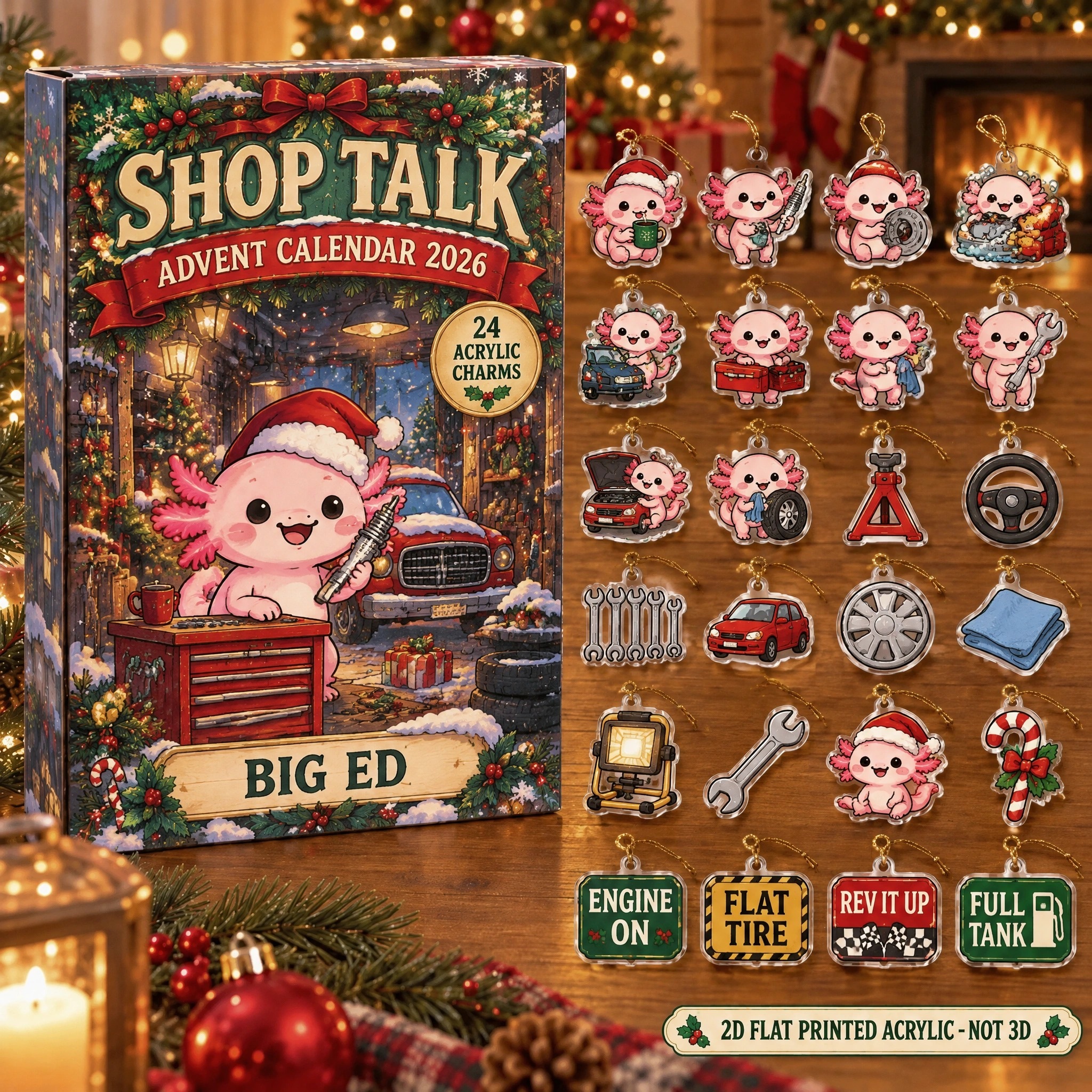 Personalized Mechanic Axolotl advent calendar box with 24 flat acrylic Christmas charms