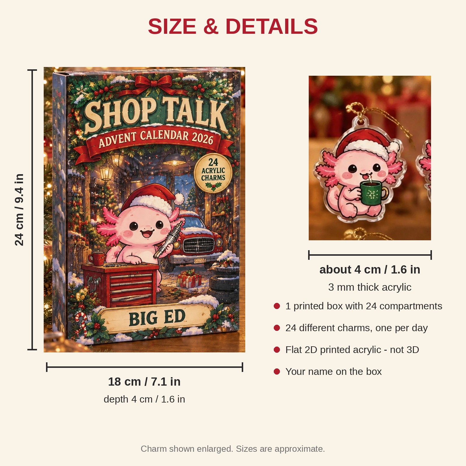 Personalized Mechanic Axolotl advent calendar box with 24 flat acrylic Christmas charms: box and charm sizes