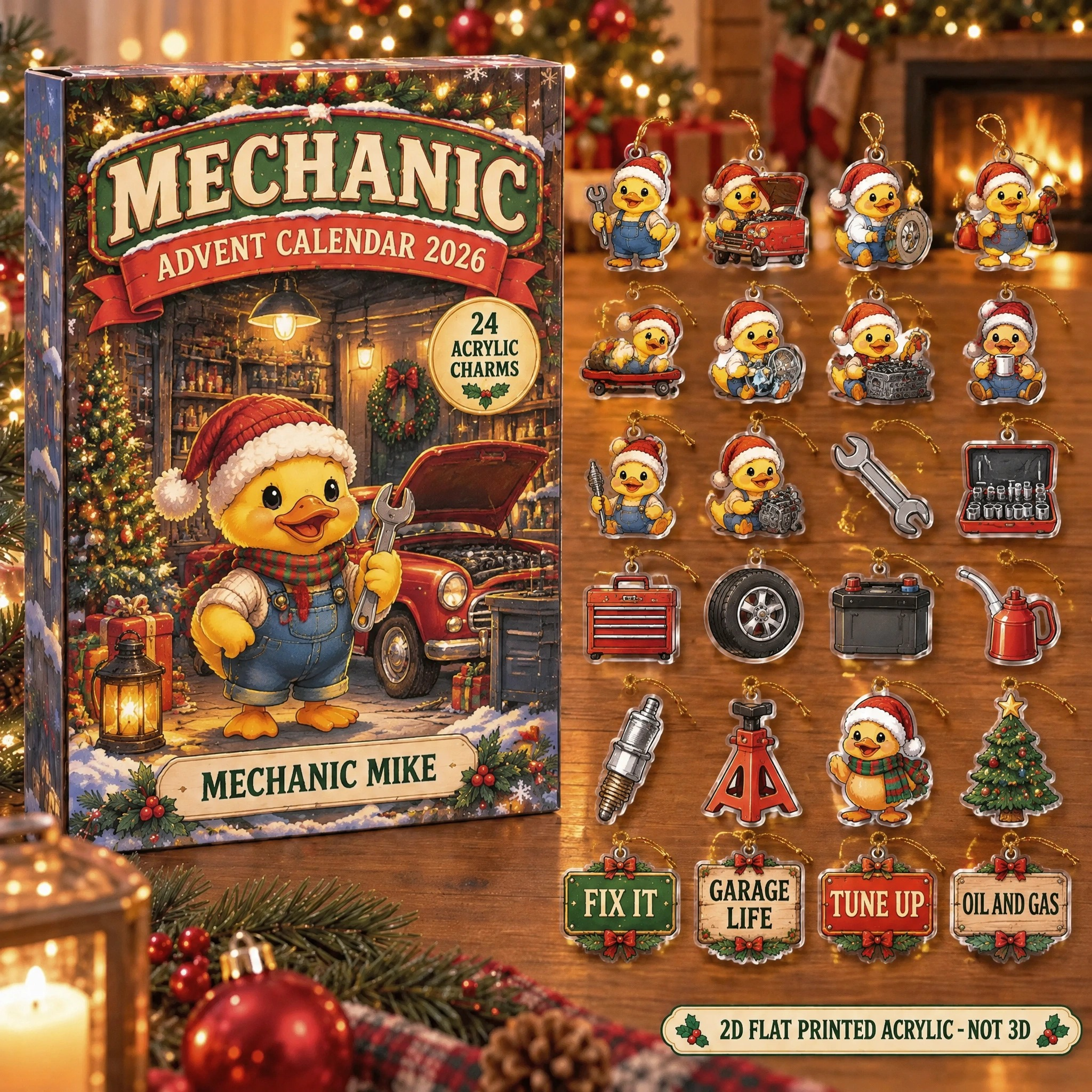 Personalized Mechanic Duck advent calendar box with 24 flat acrylic Christmas charms