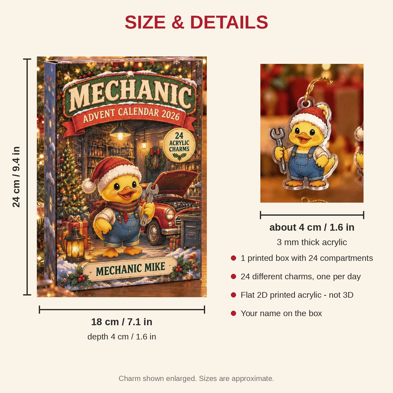 Personalized Mechanic Duck advent calendar box with 24 flat acrylic Christmas charms: box and charm sizes