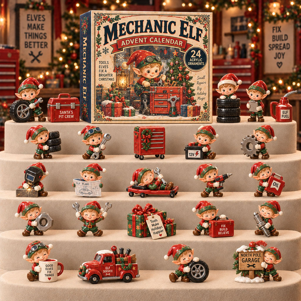 Mechanic Elf advent calendar box with 24 acrylic Christmas charms